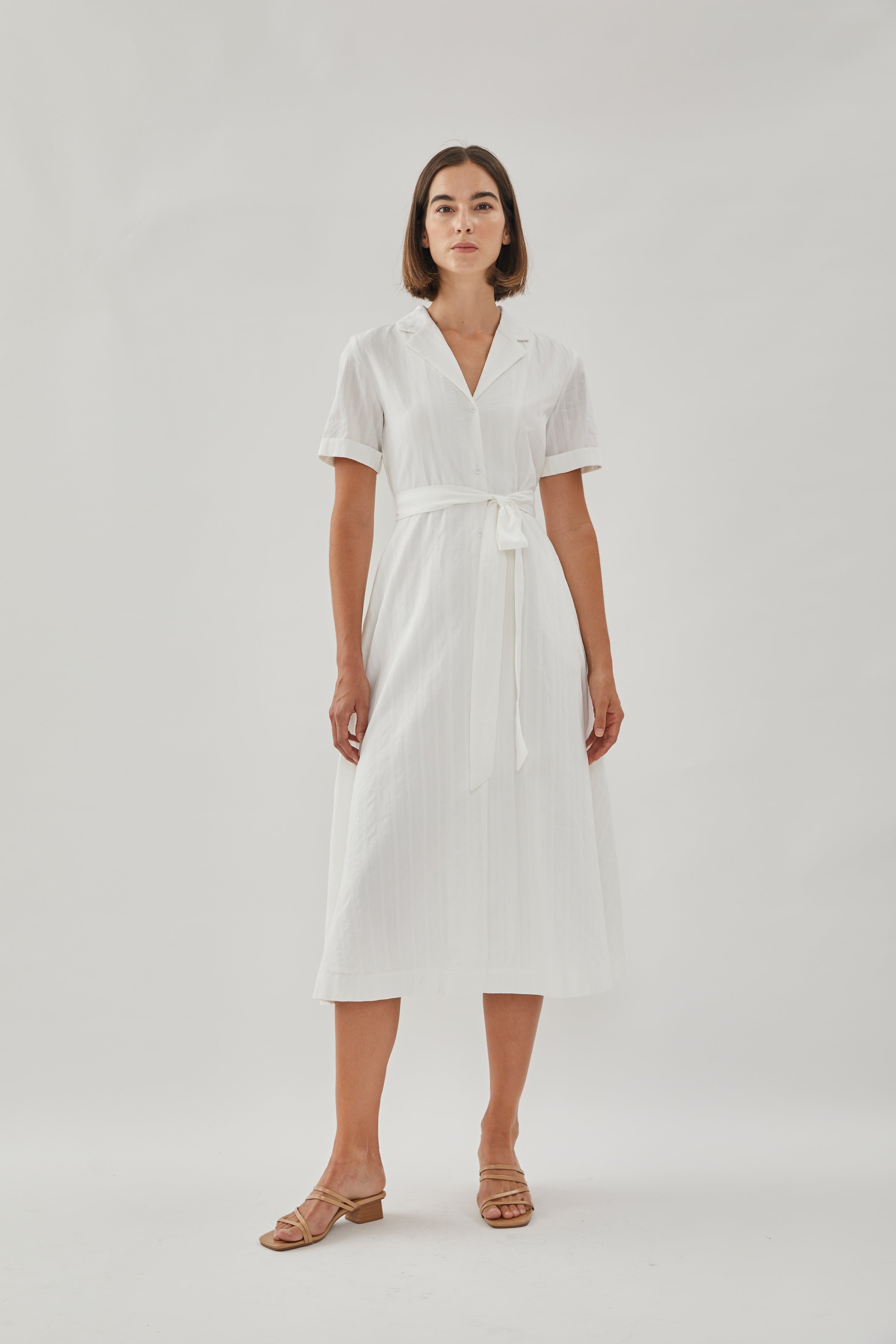 Collared Cotton Midi Dress in White