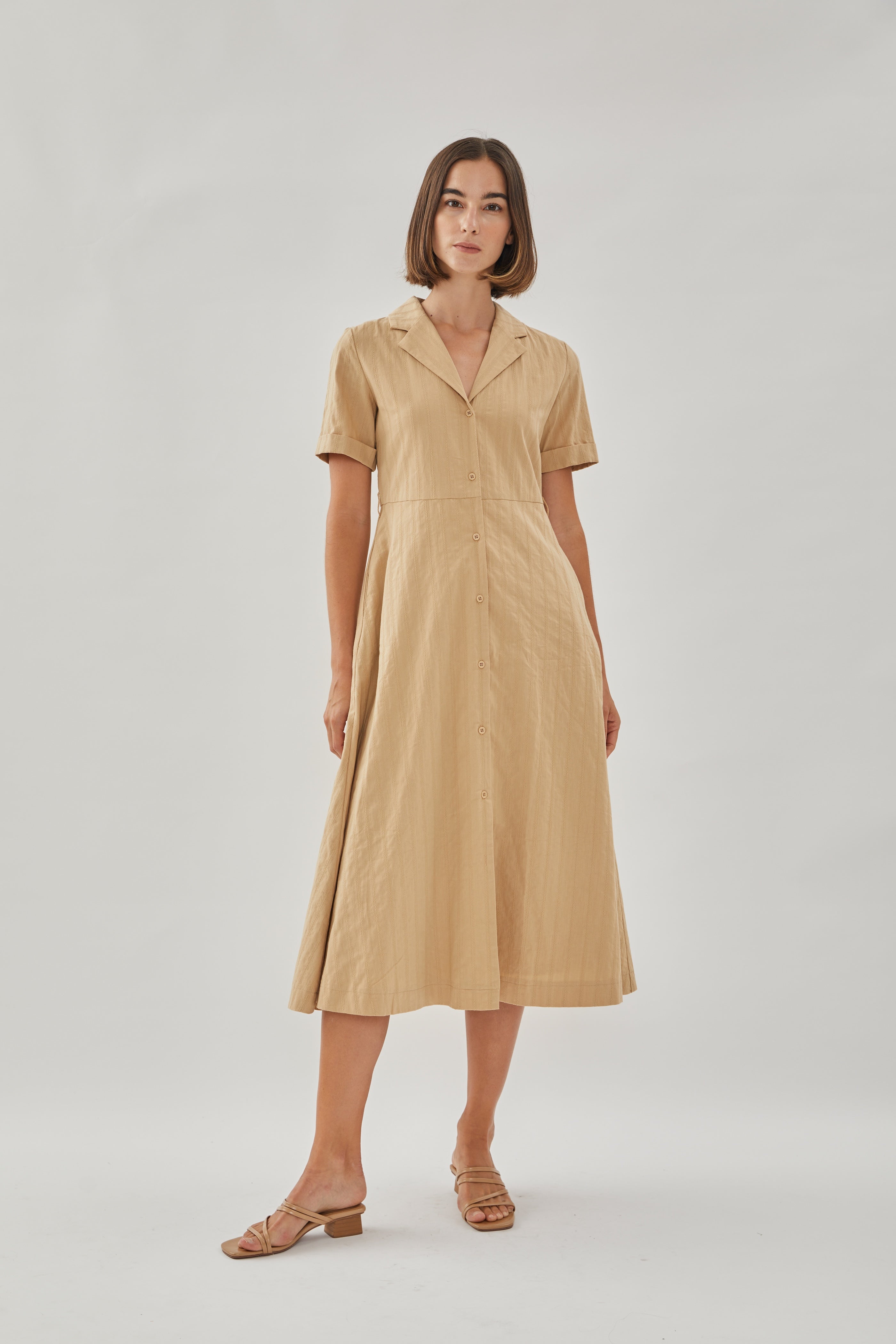 Collared Cotton Midi Dress in Camel
