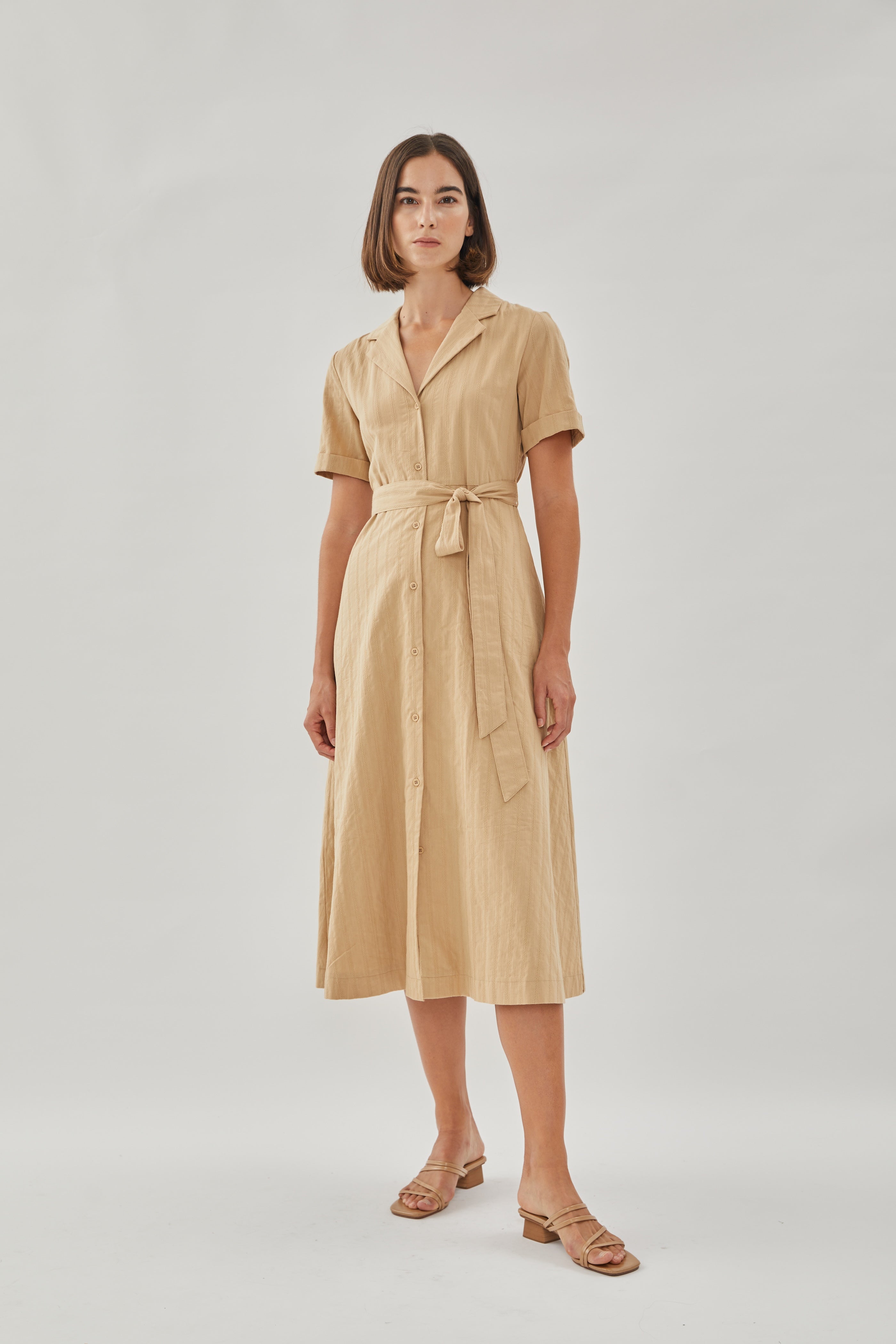 Collared Cotton Midi Dress in Camel