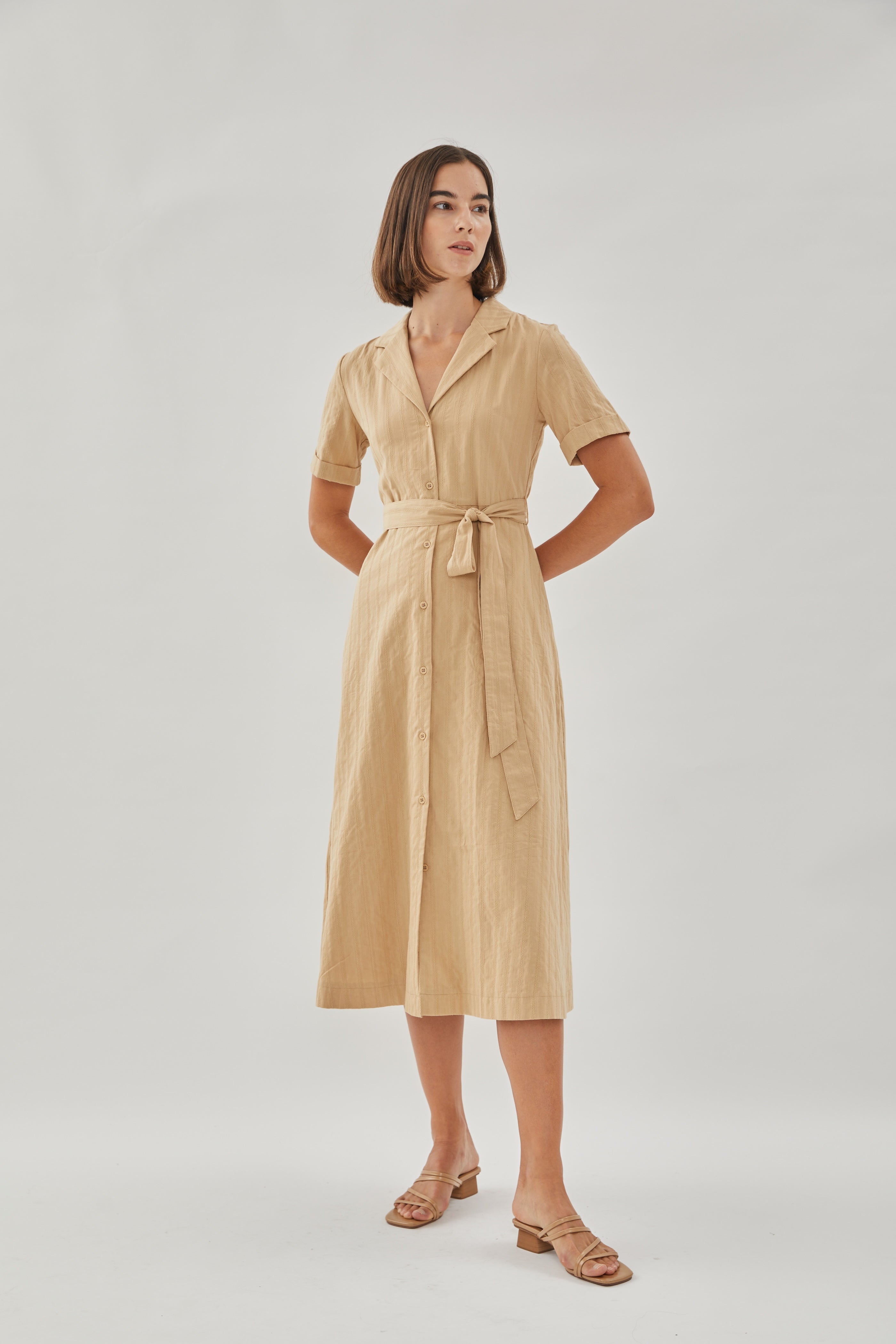 Collared Cotton Midi Dress in Camel