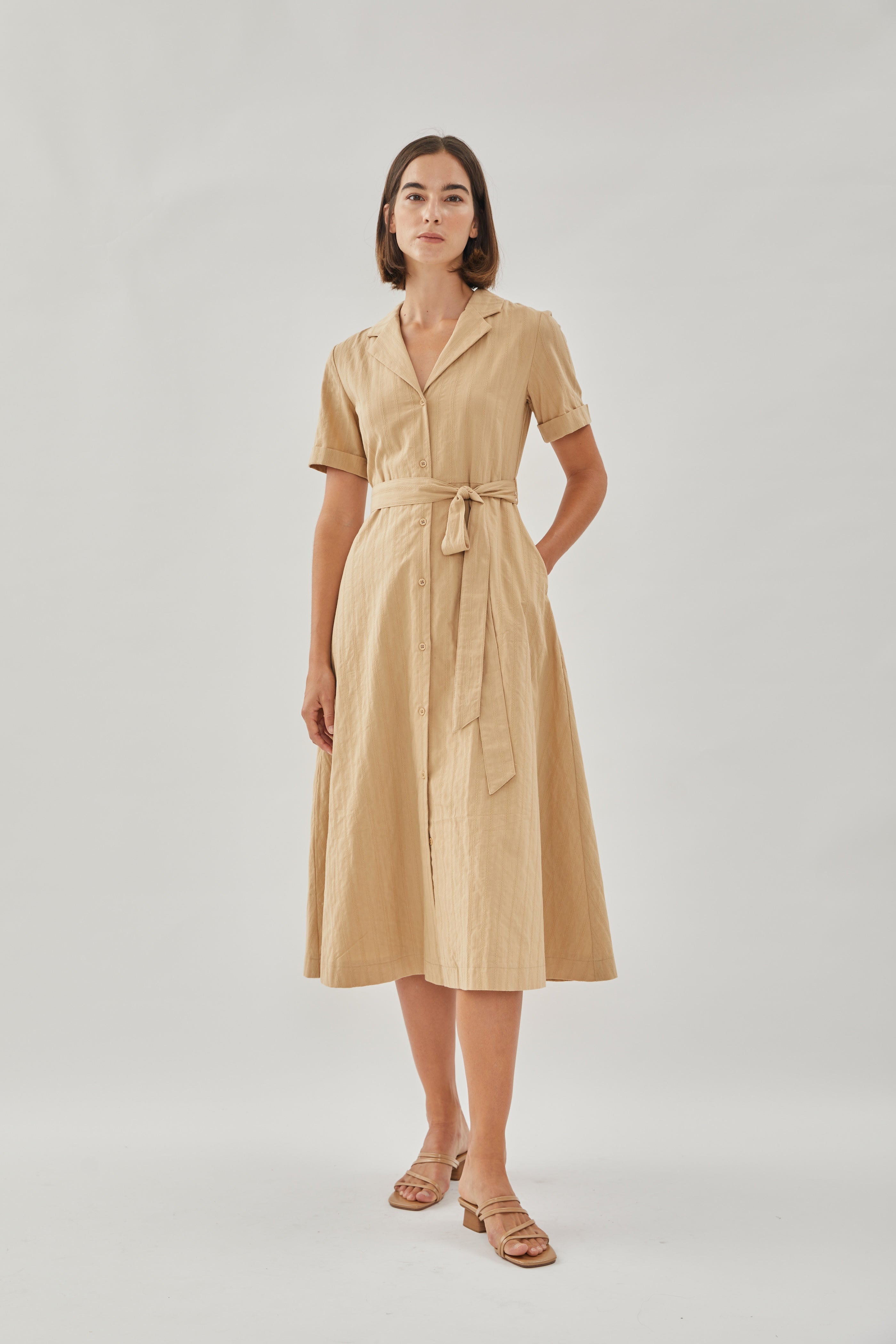 Collared Cotton Midi Dress in Camel