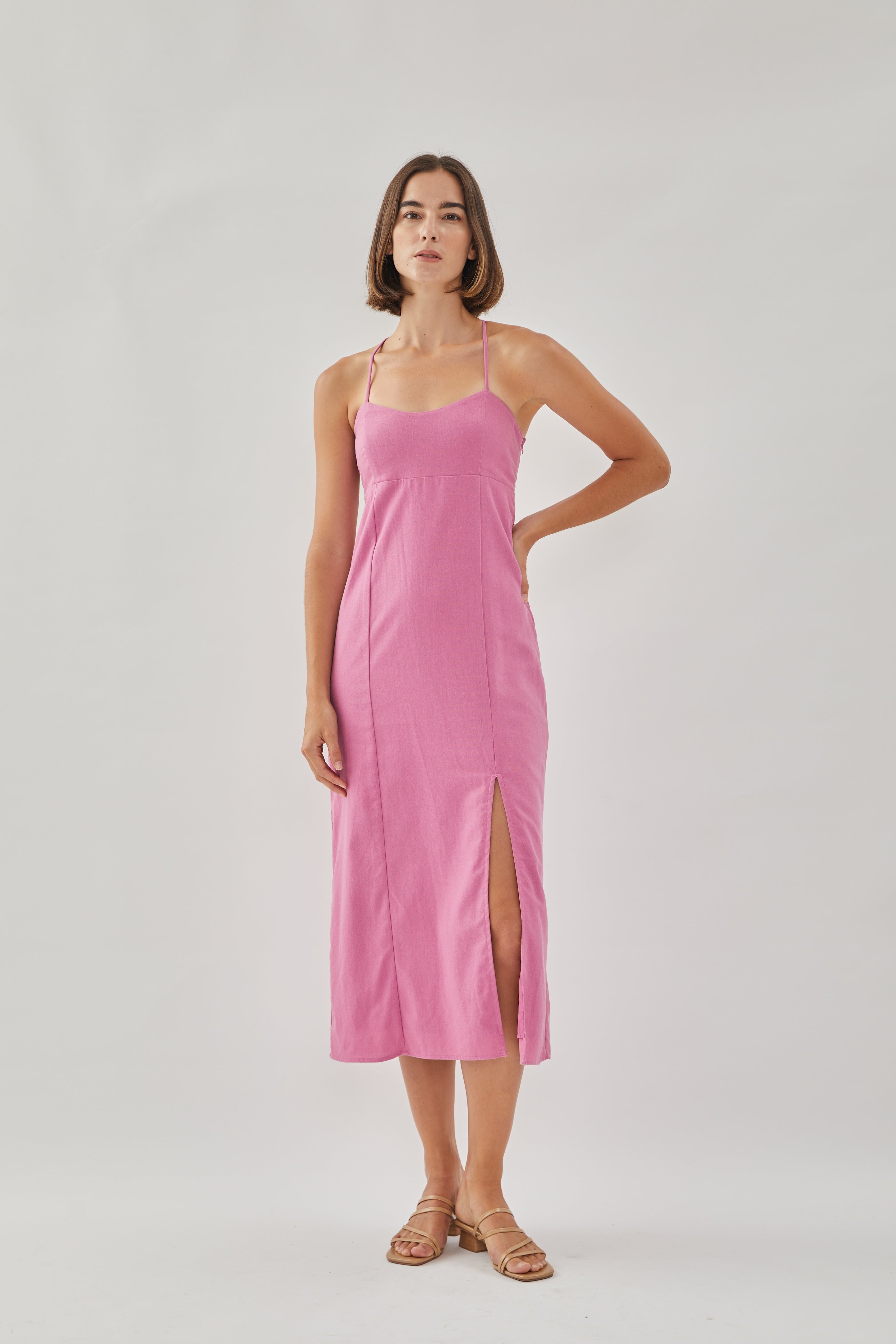 Crossback Linen Midi Dress in Orchid