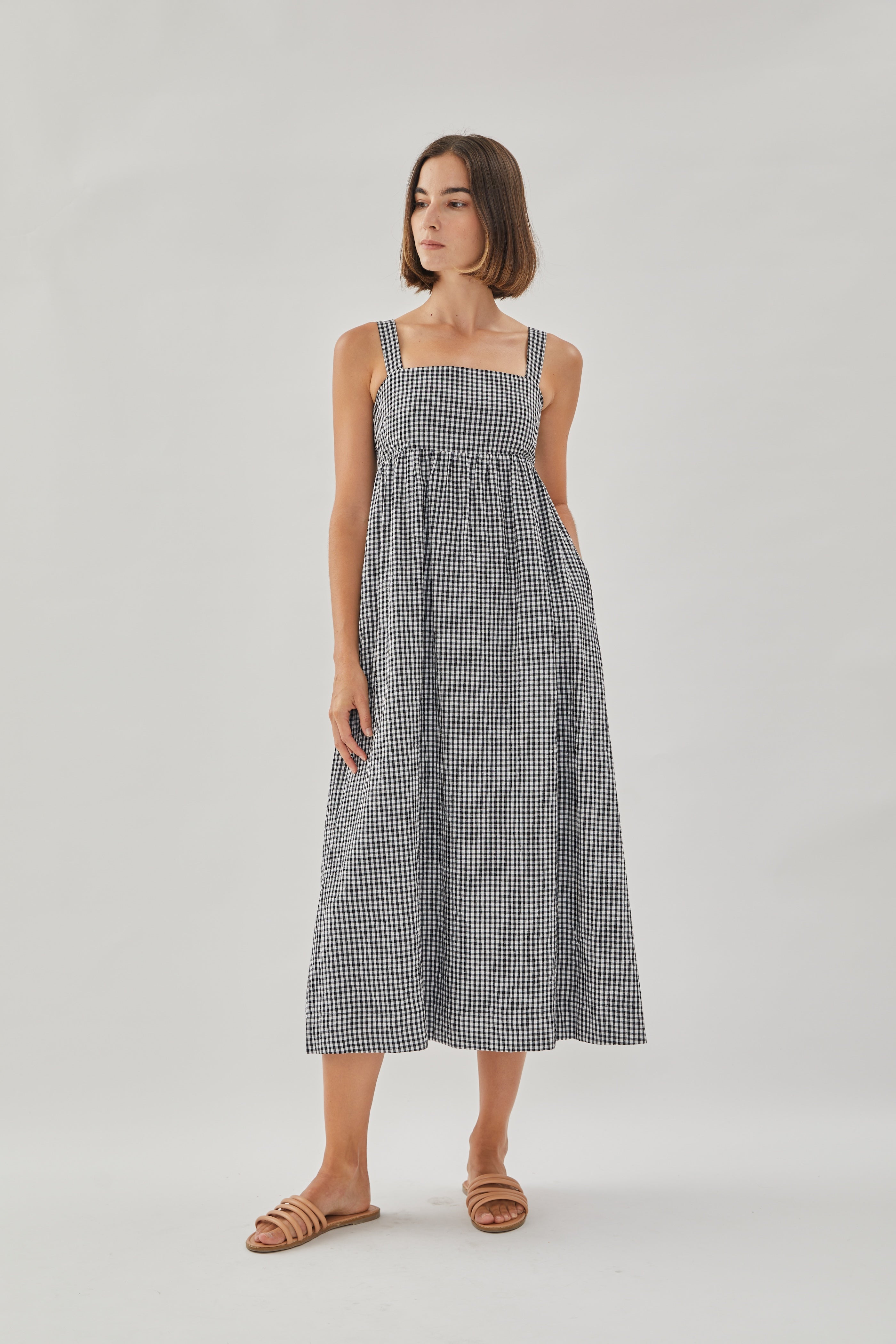 Square Neck Midi Dress in Gingham Black