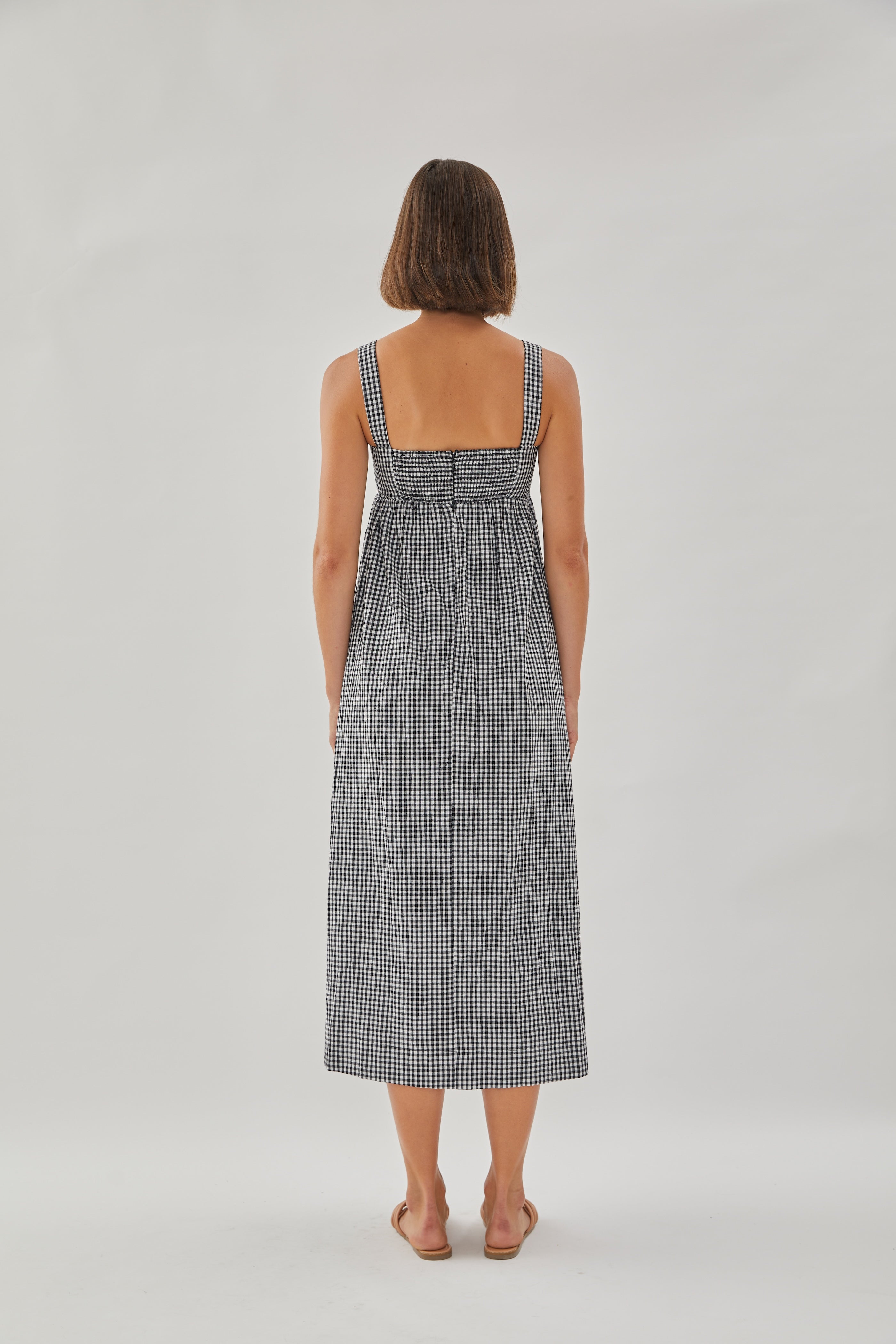 Square Neck Midi Dress in Gingham Black
