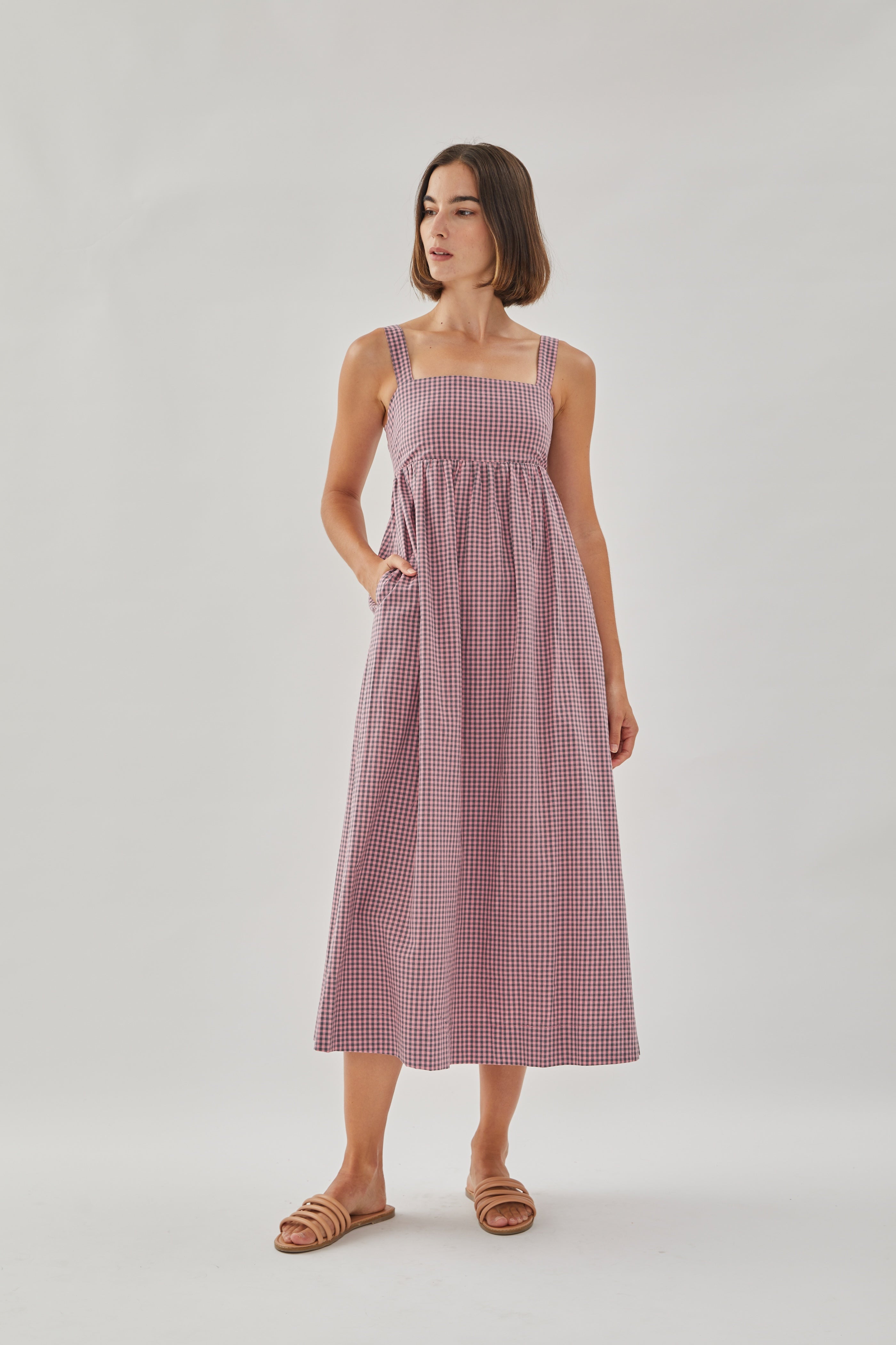 Square Neck Midi Dress in Gingham Pink