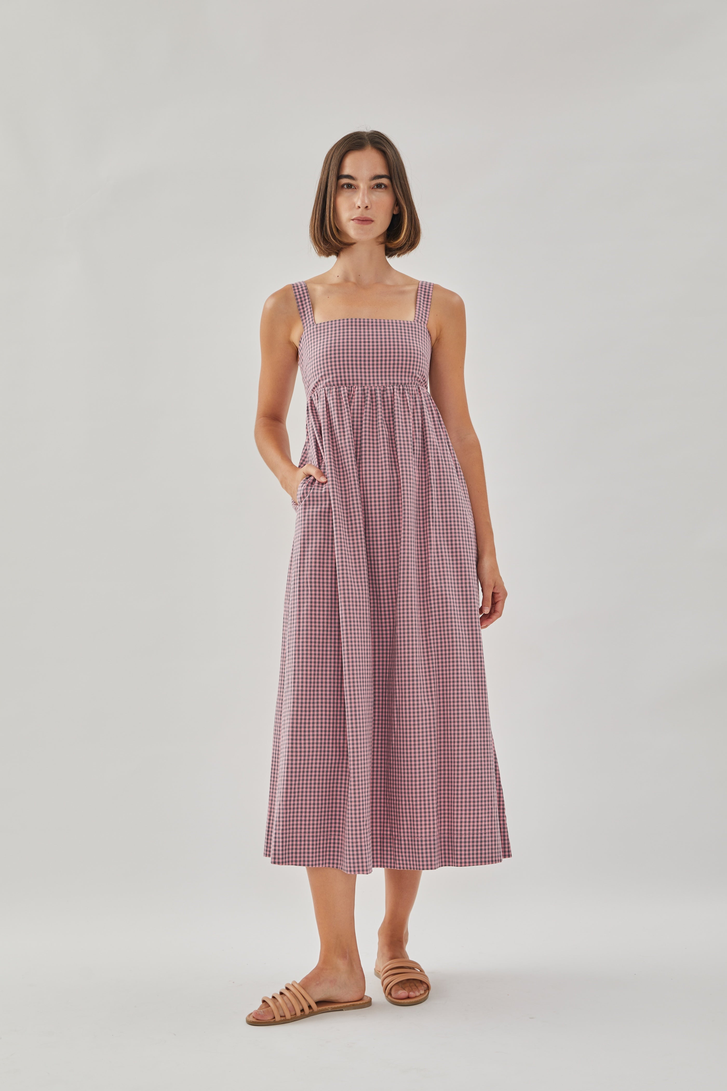 Square Neck Midi Dress in Gingham Pink