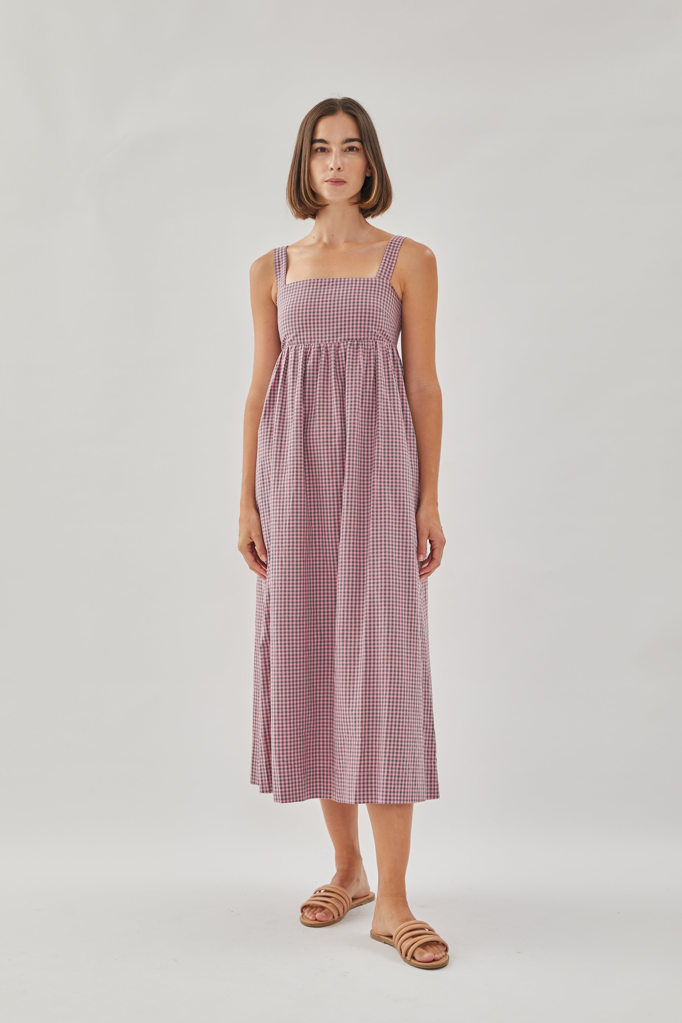 Square Neck Midi Dress in Gingham Pink