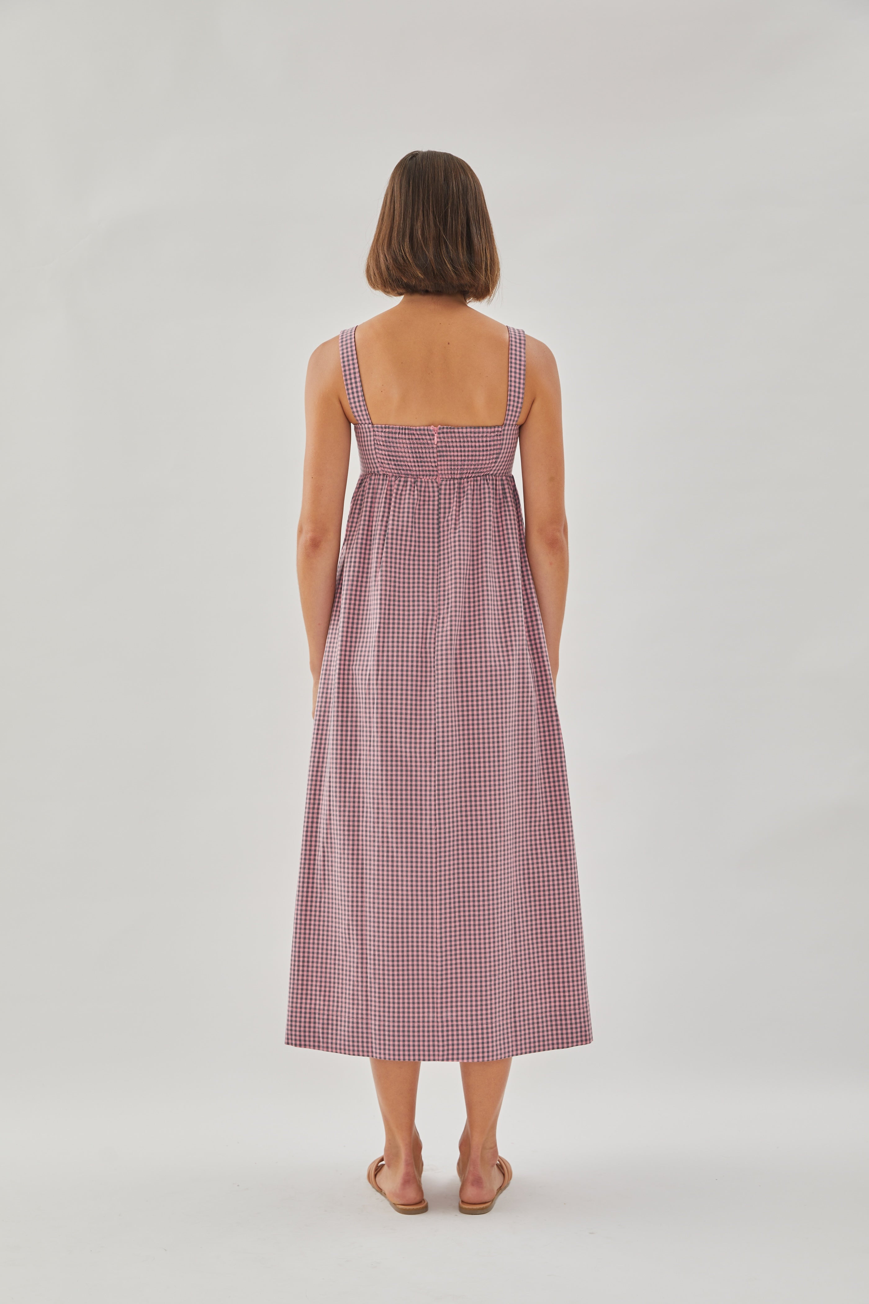 Square Neck Midi Dress in Gingham Pink