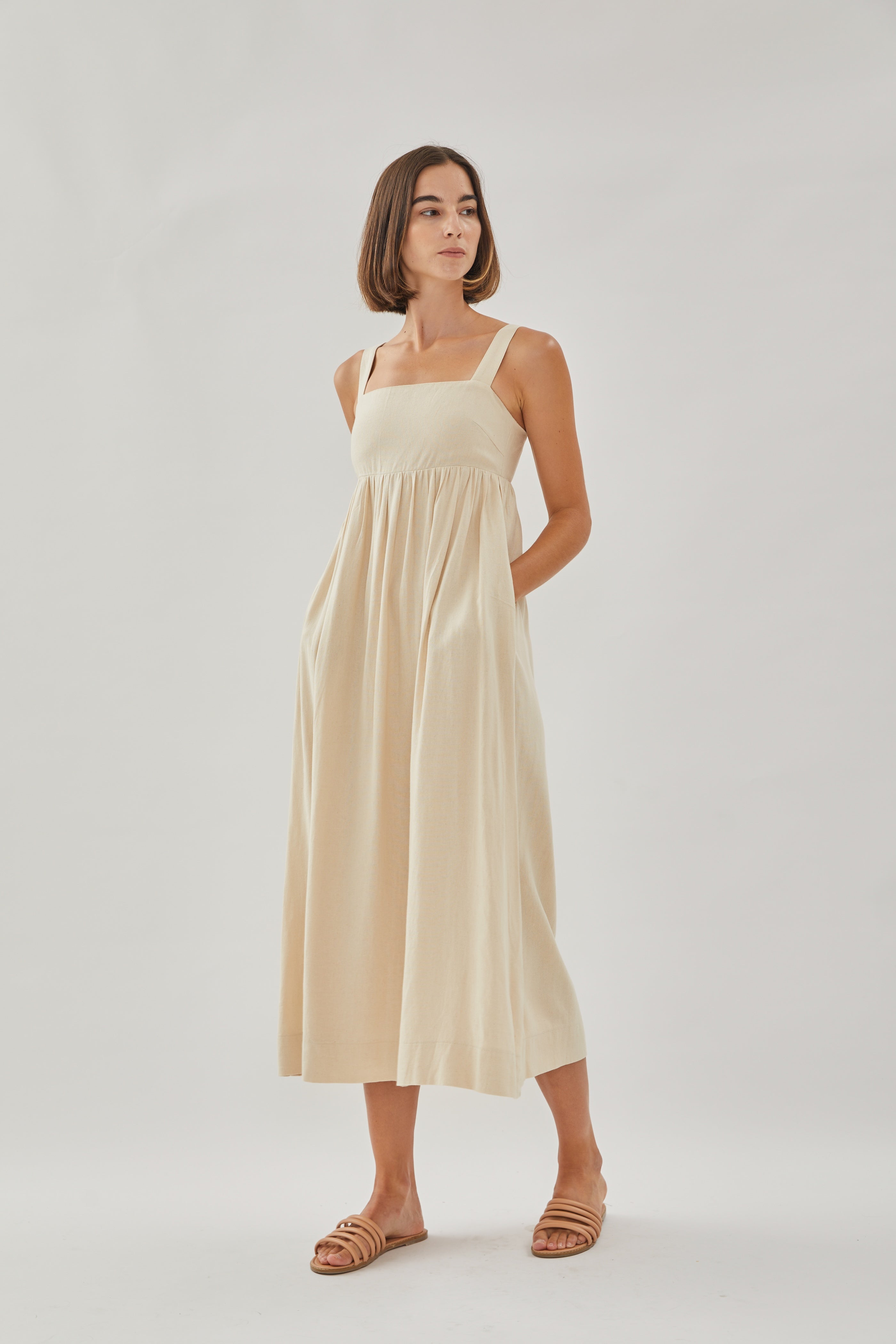 Square Neck Midi Dress in Oatmeal