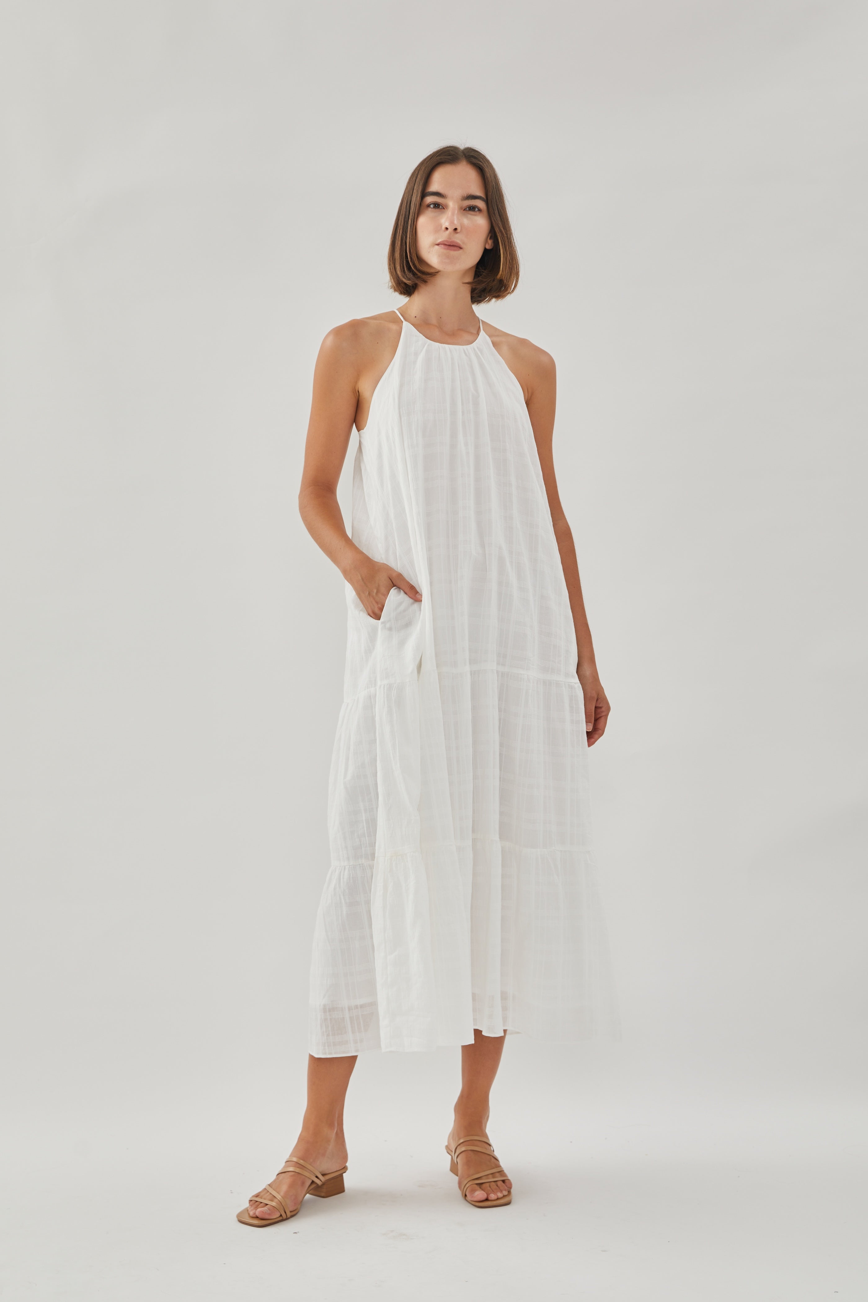 Halter Tiered Midi Dress in White