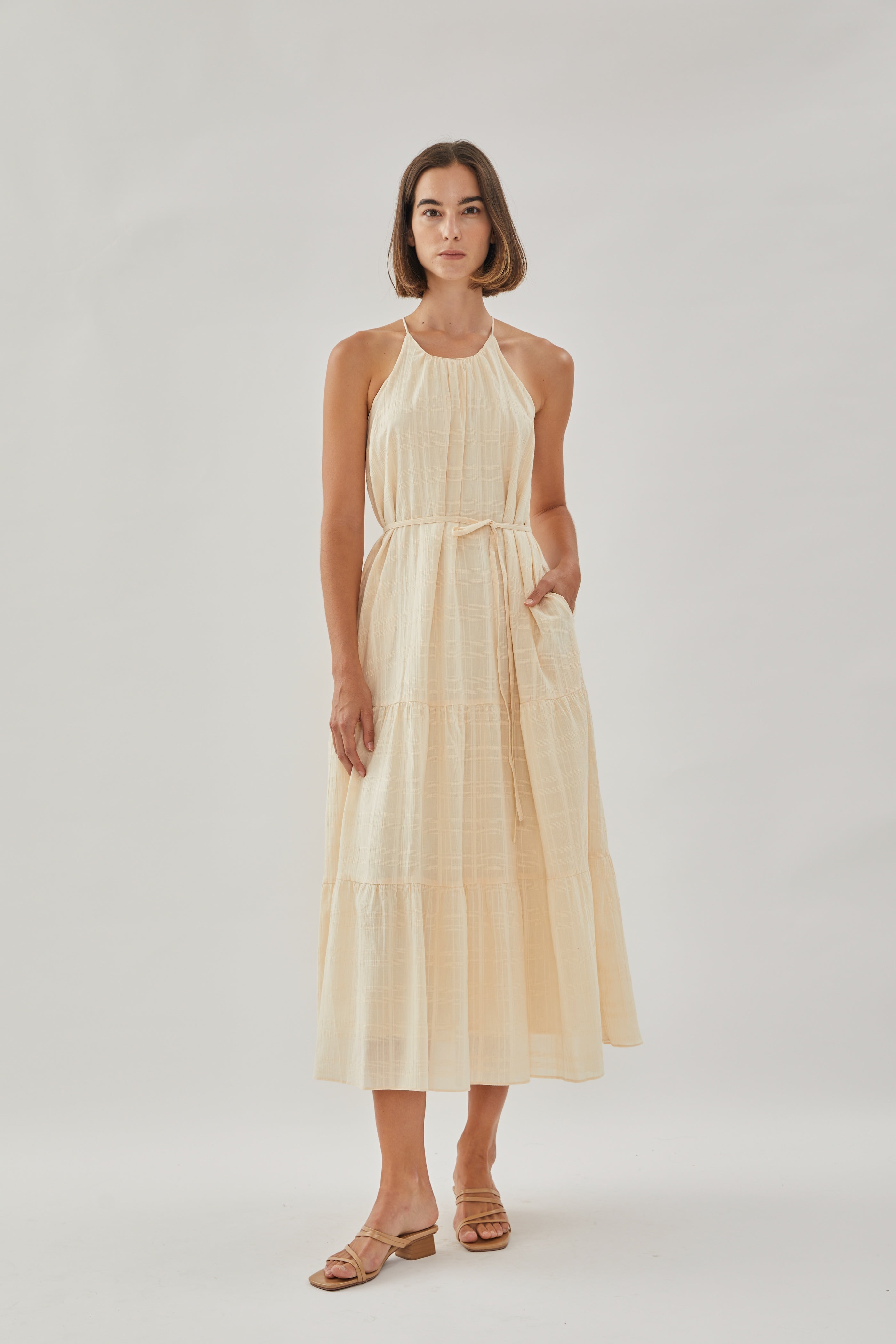 Halter Tiered Midi Dress in Oatmeal