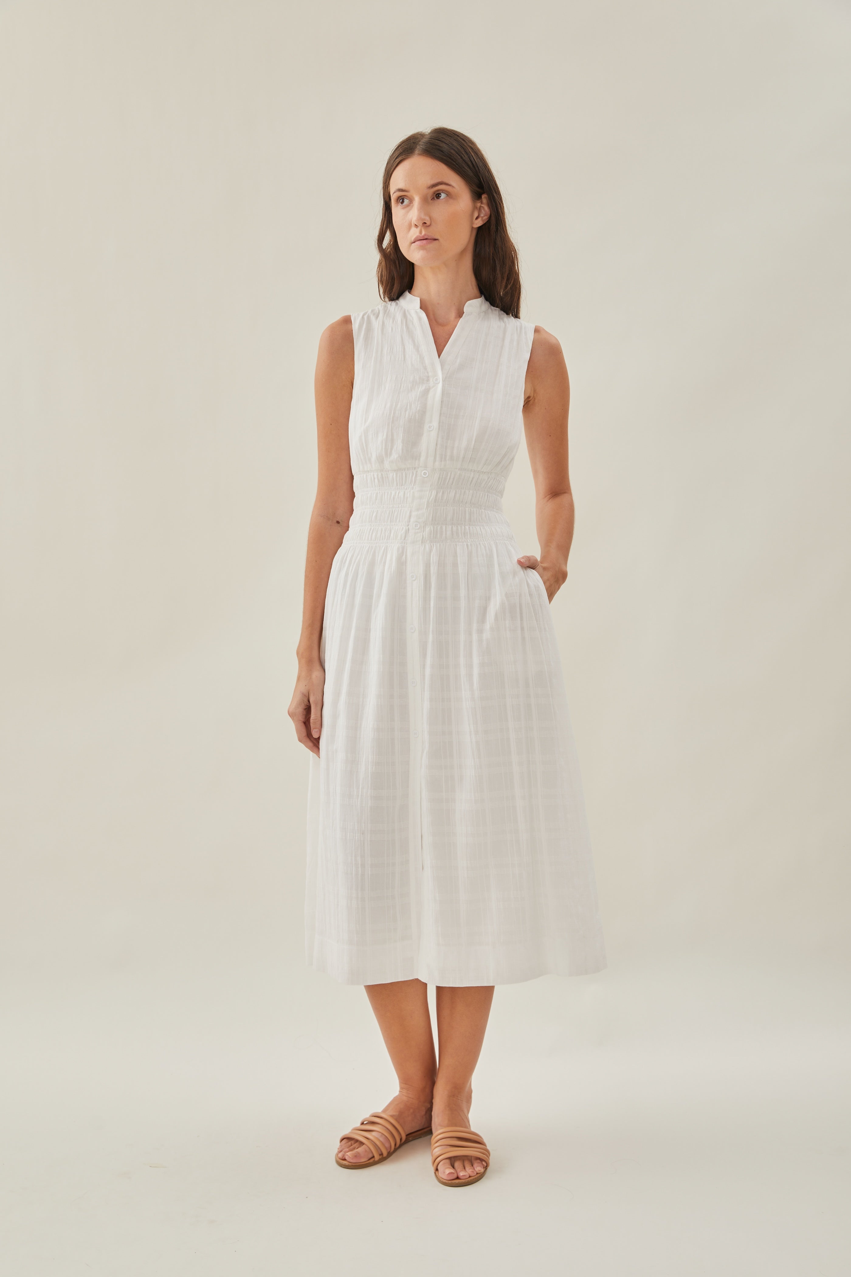 Buttoned-down Shirred Midi Dress in White