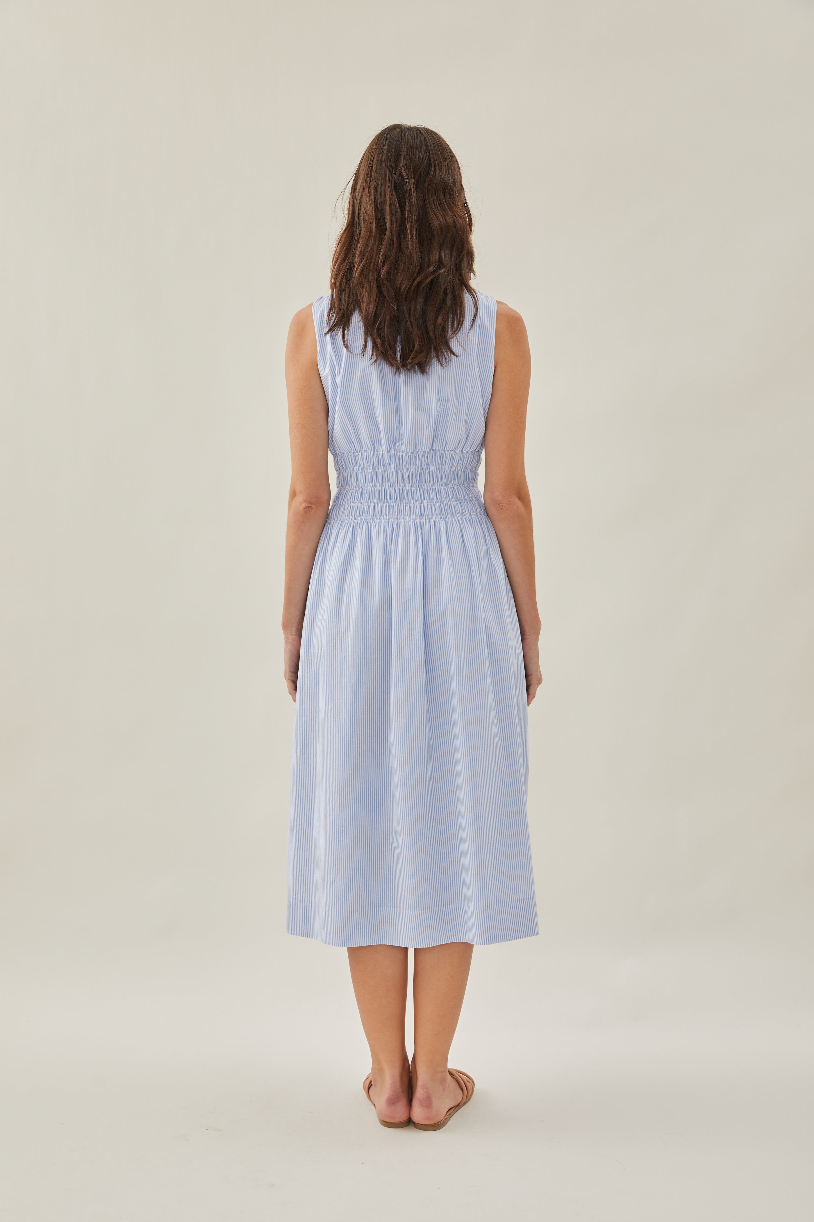 Buttoned-down Shirred Midi Dress in Stripe Blue