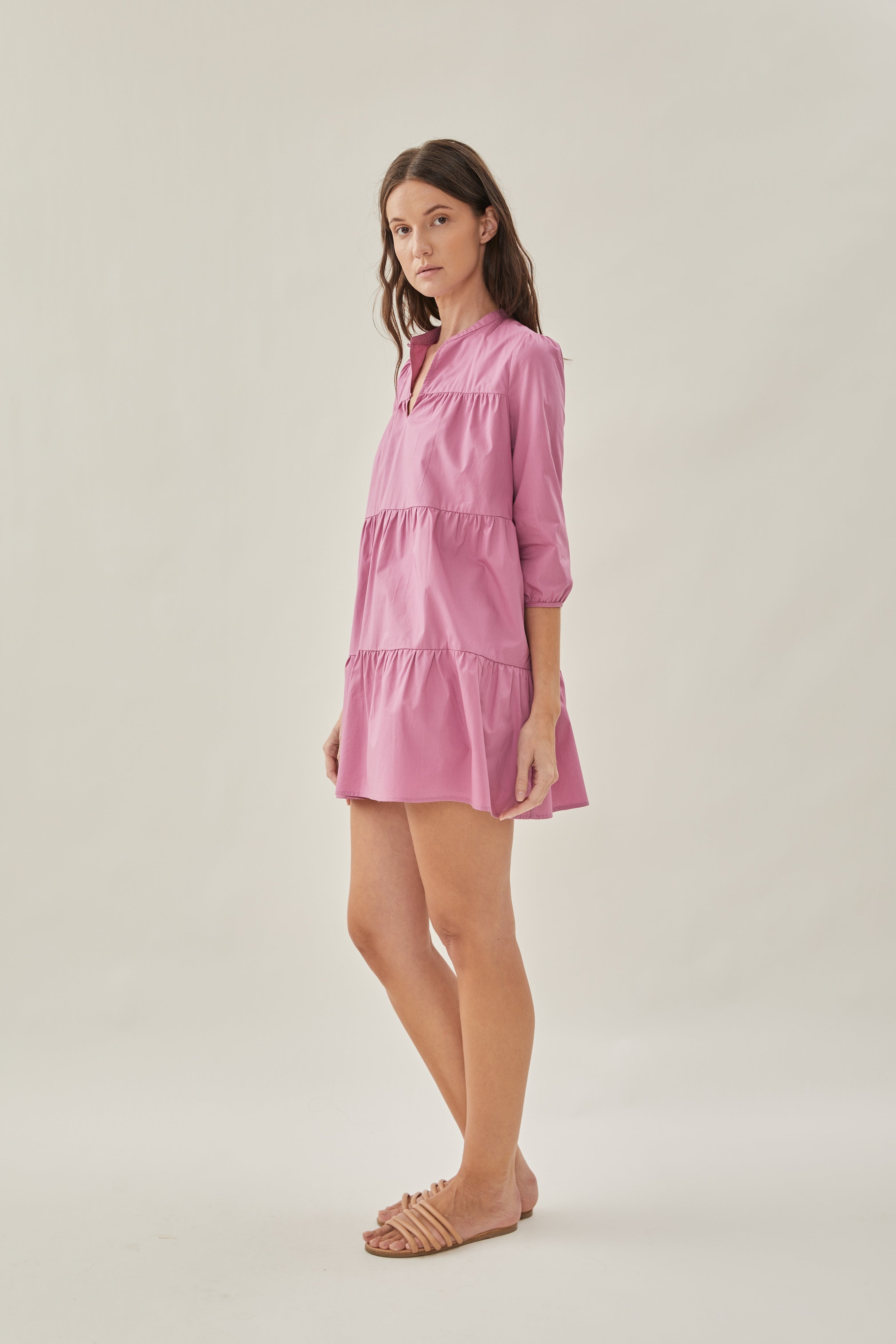 Sleeved Tiered Mini Dress in Hibiscus