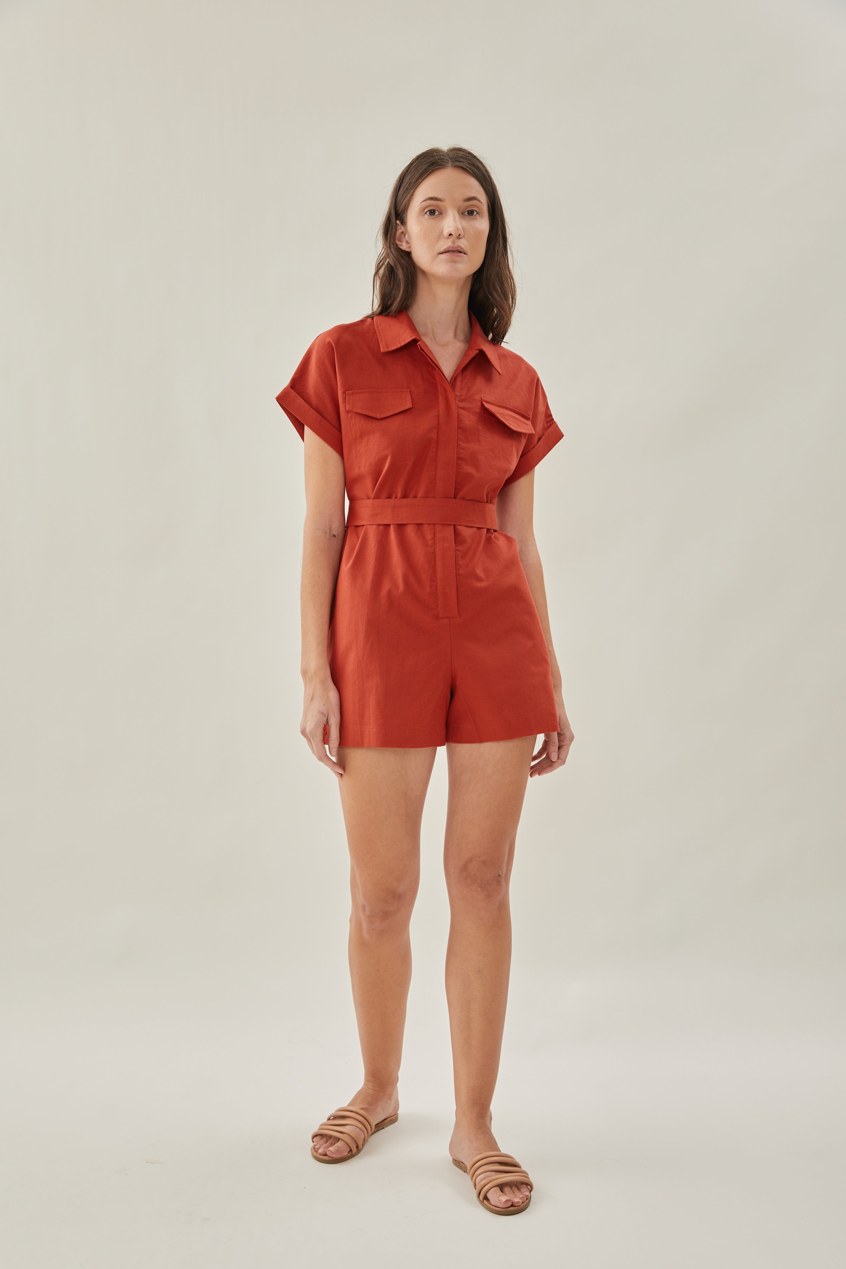 Shirt Linen Romper in Poppy Red