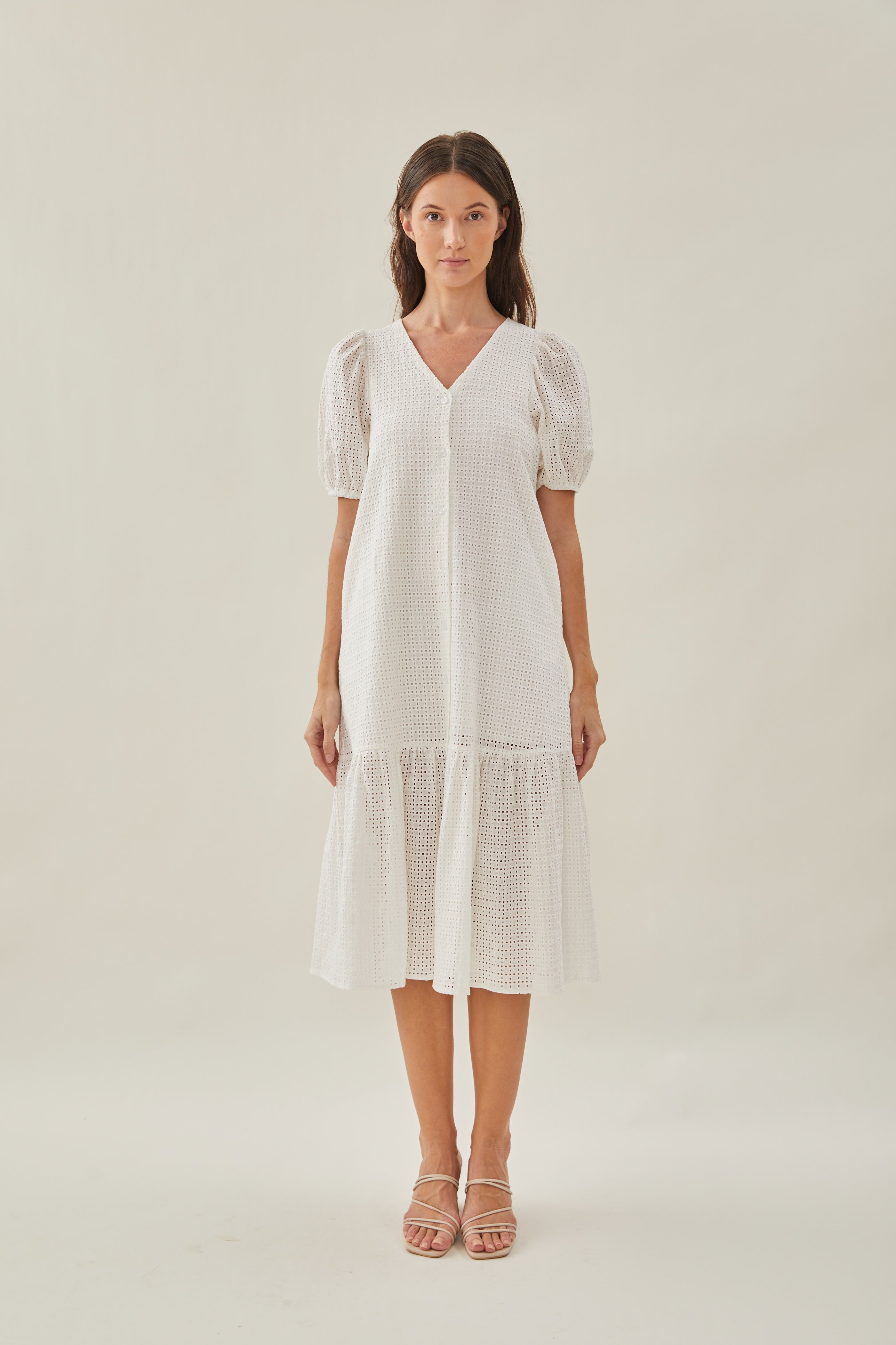Maha Crochet Button Down Tiered Midi Dress