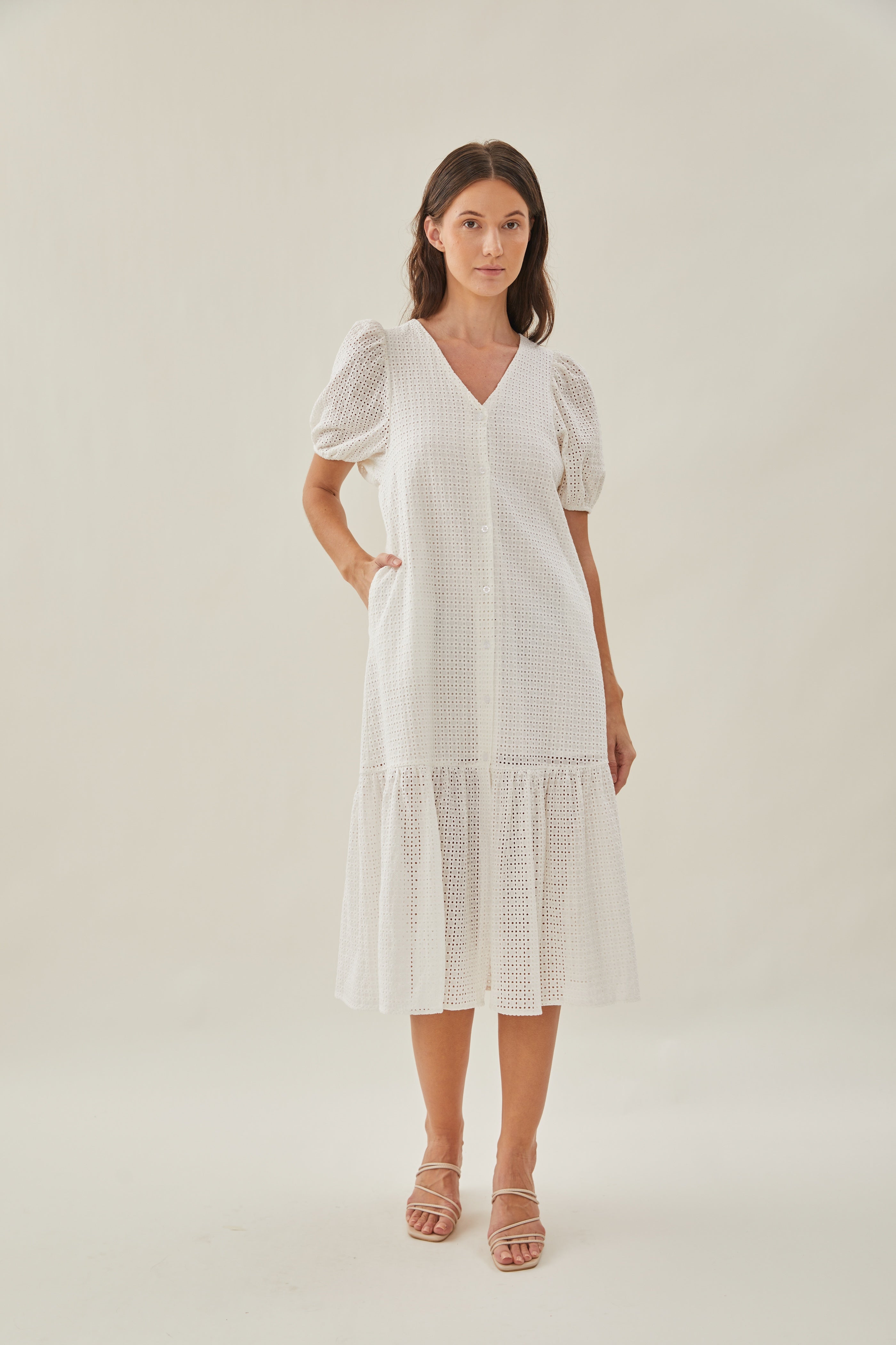 Maha Crochet Button Down Tiered Midi Dress