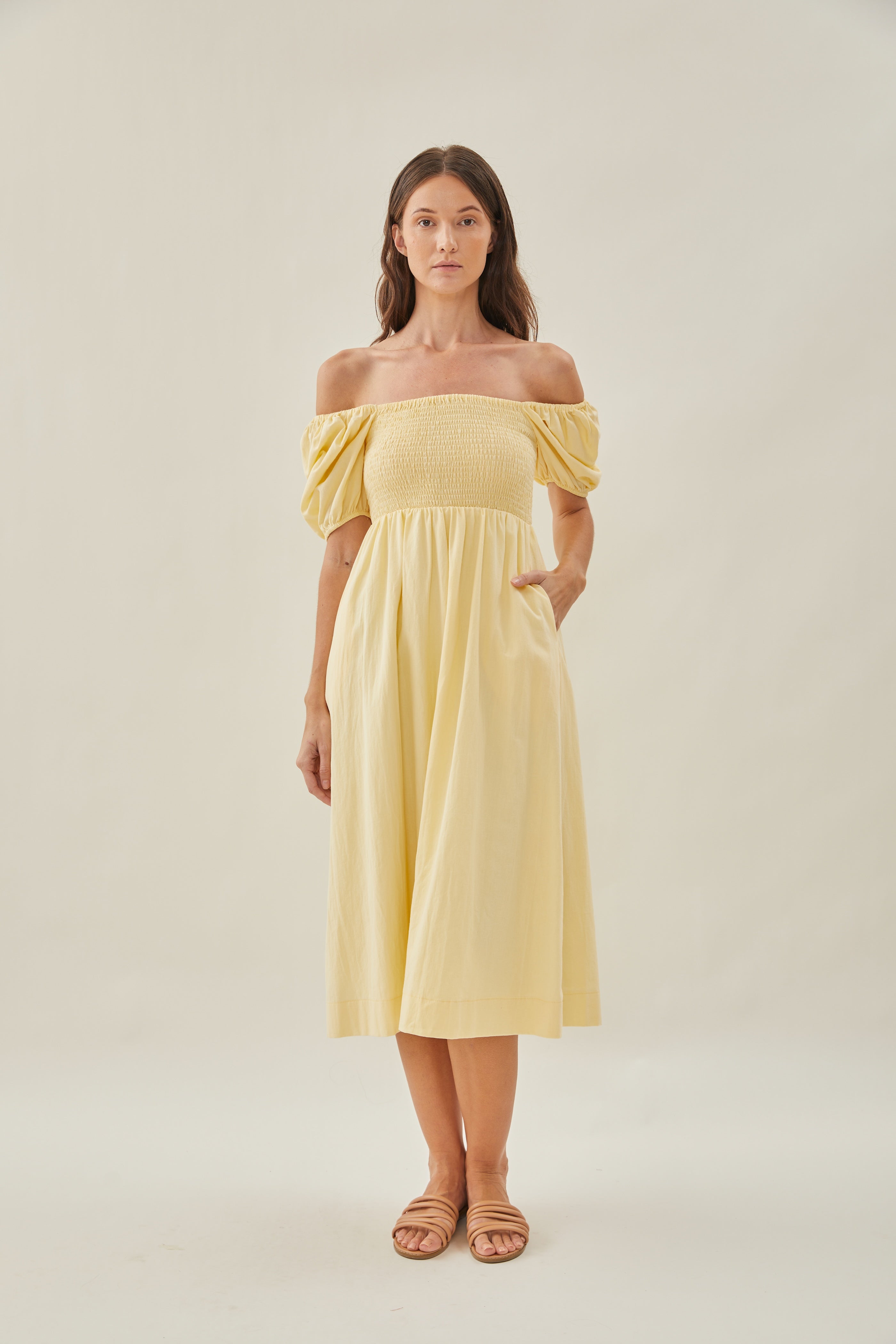 Puffed Sleeved Shirred Midi Dress in Soft Yellow