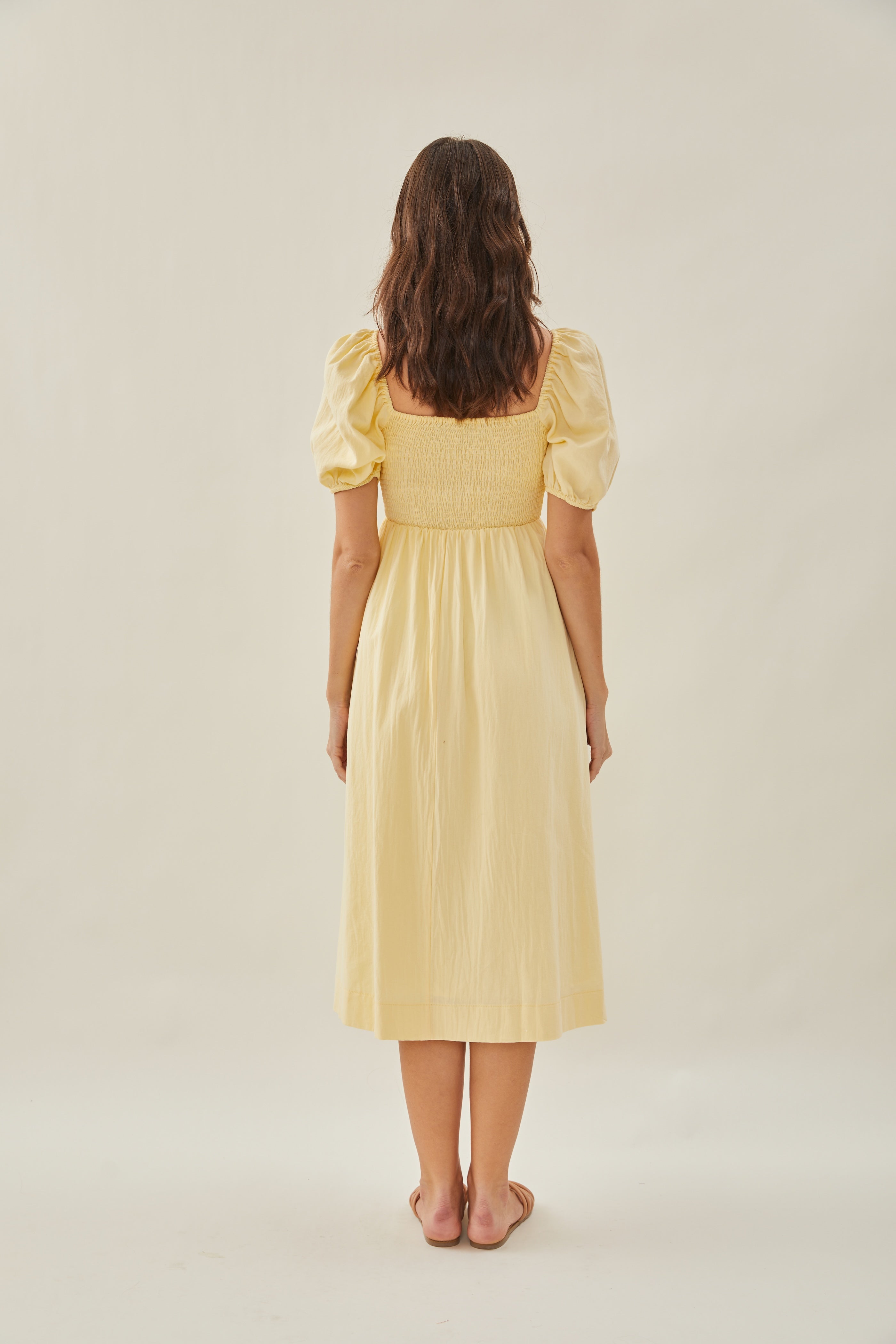 Puffed Sleeved Shirred Midi Dress in Soft Yellow