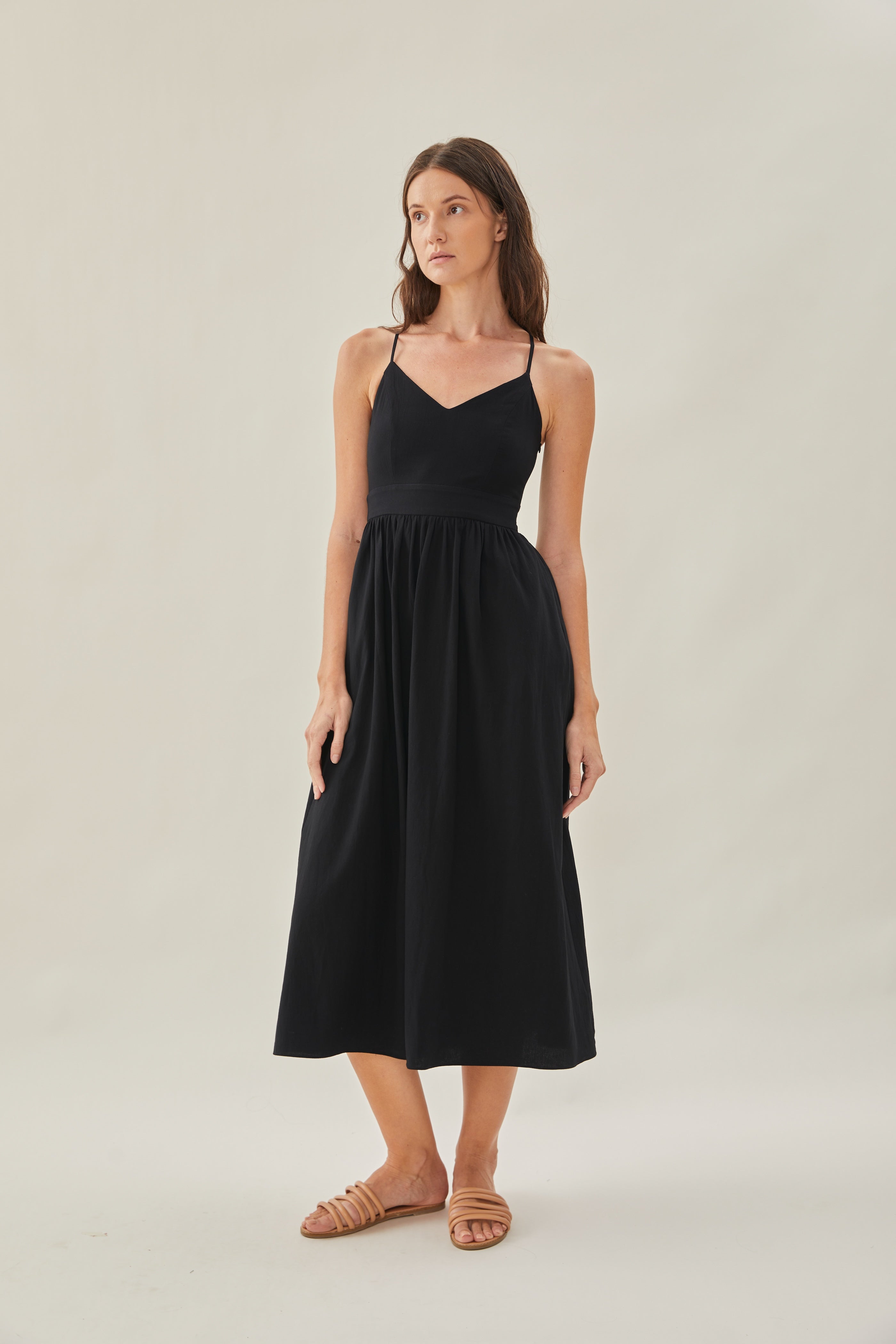 Crossback Cotton Midi Dress in Black