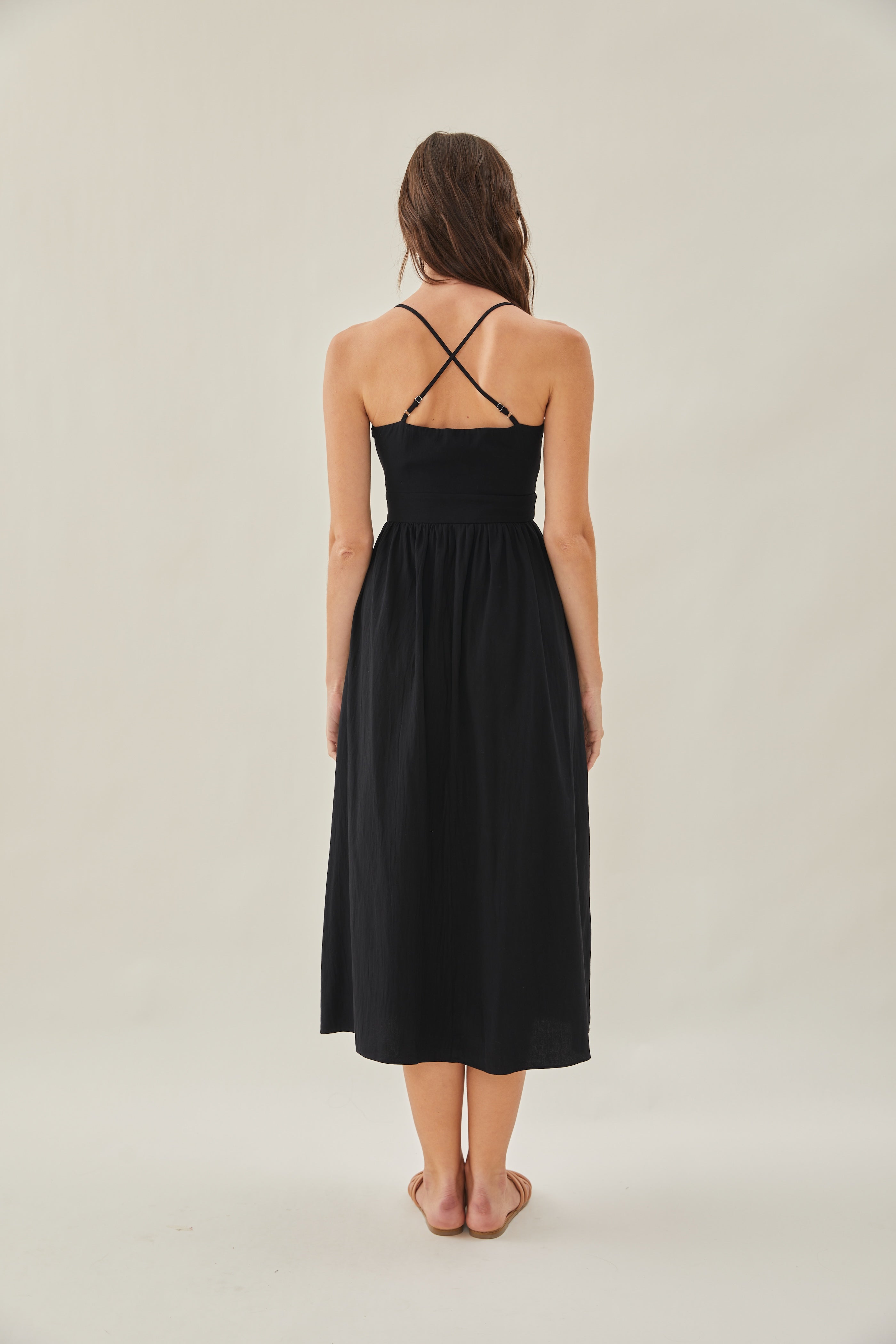 Crossback Cotton Midi Dress in Black