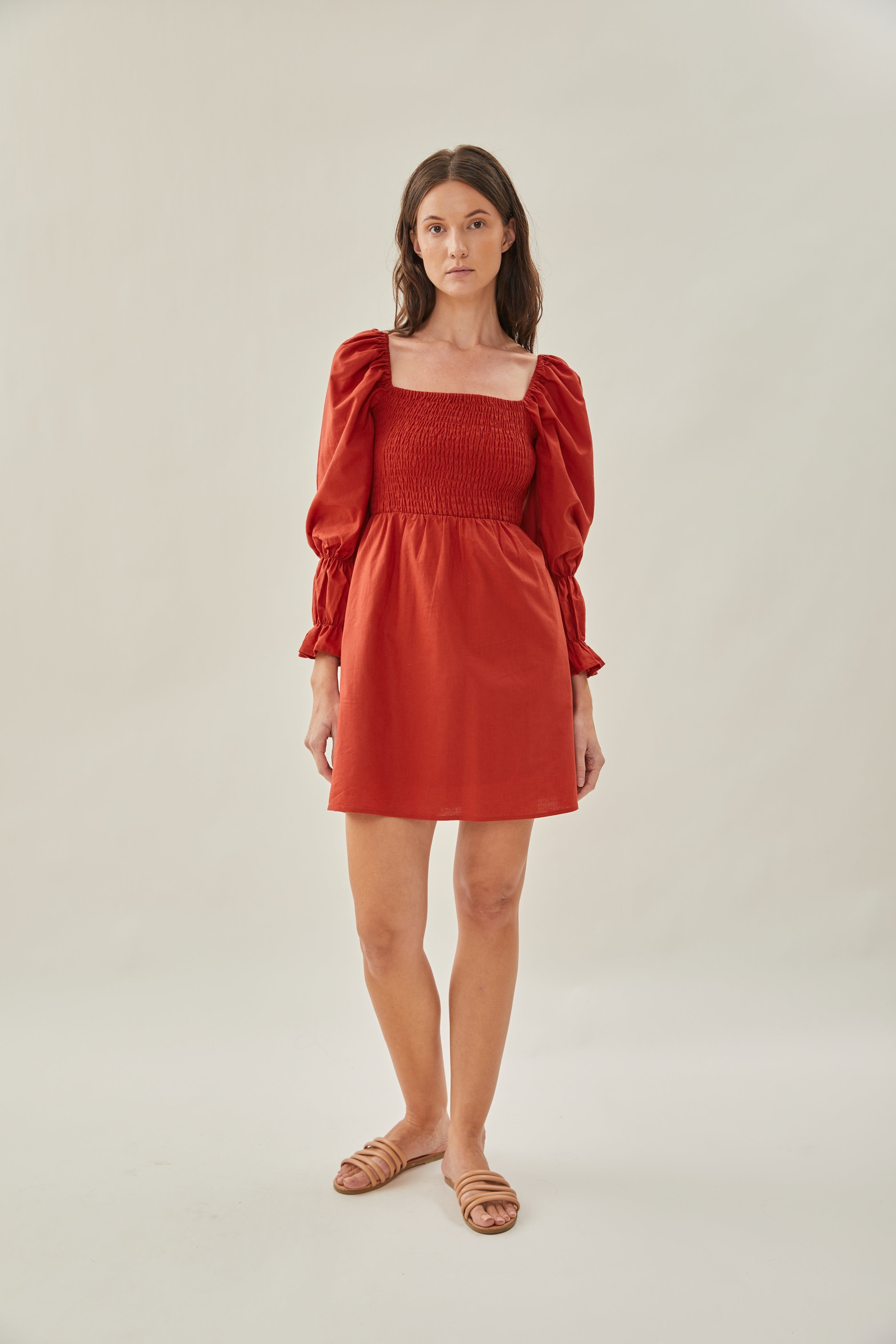Linen Shirred Mini Dress in Poppy Red