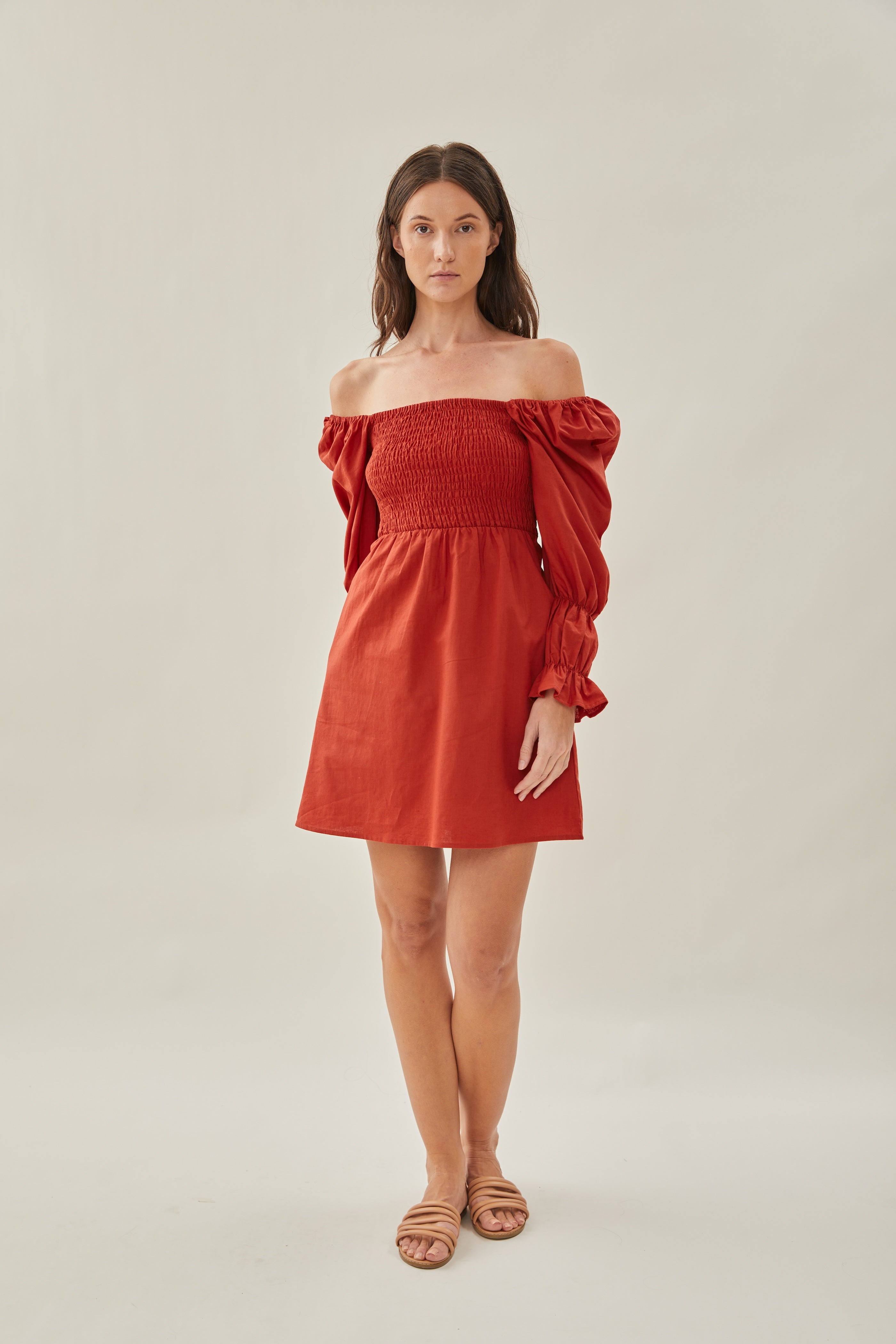 Linen Shirred Mini Dress in Poppy Red