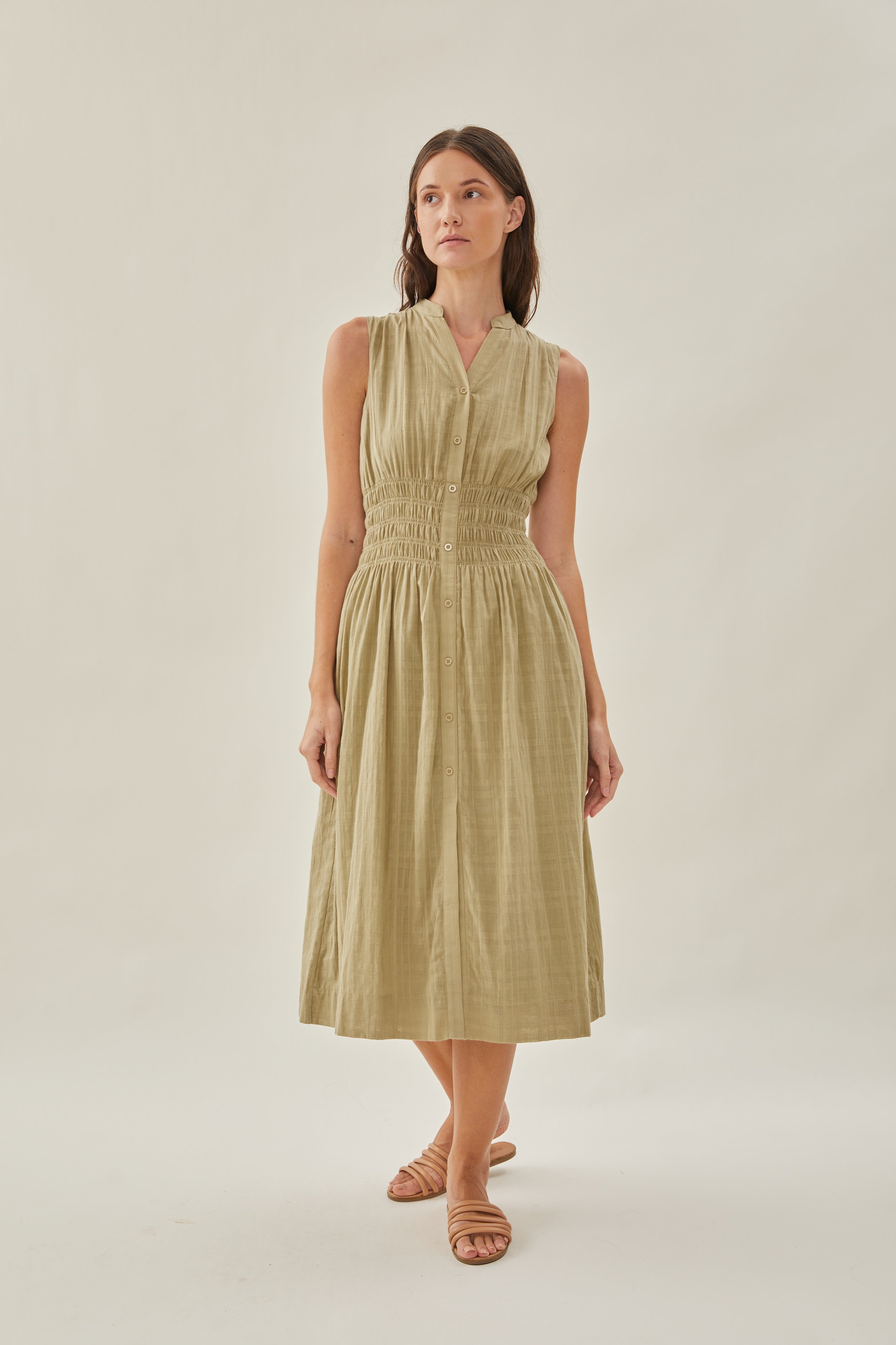 Buttoned-down Shirred Midi Dress in Muted Moss