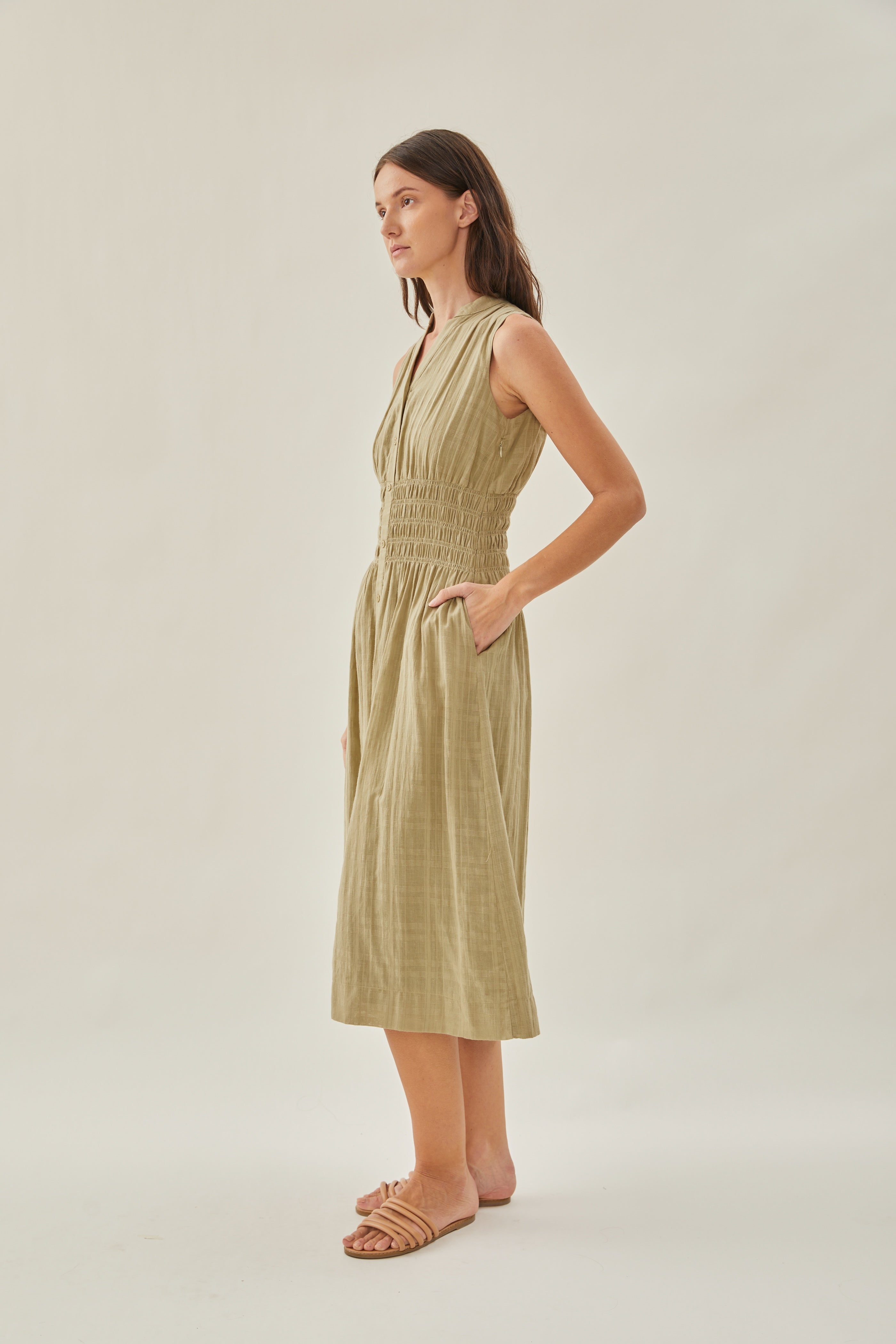 Buttoned-down Shirred Midi Dress in Muted Moss