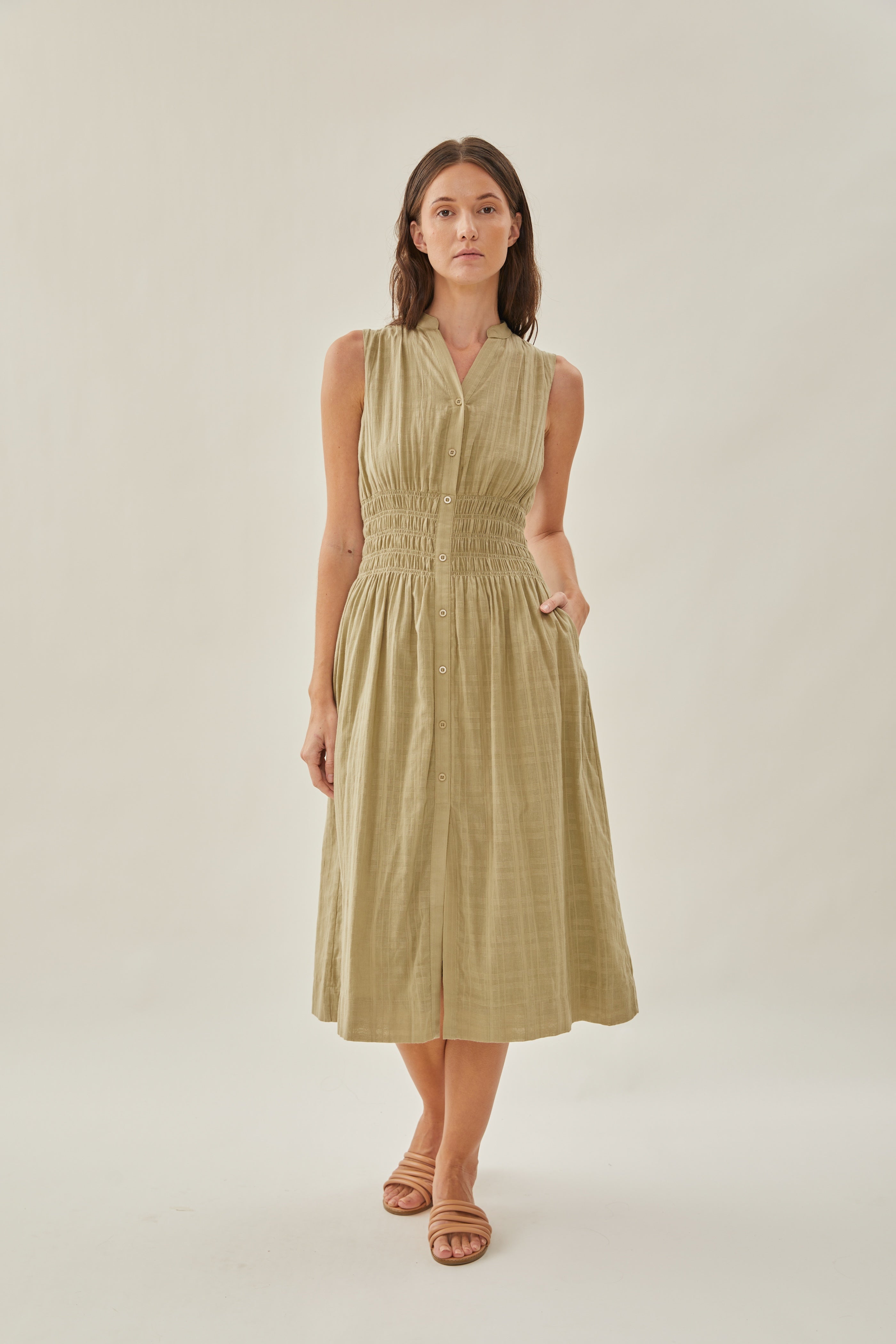 Buttoned-down Shirred Midi Dress in Muted Moss