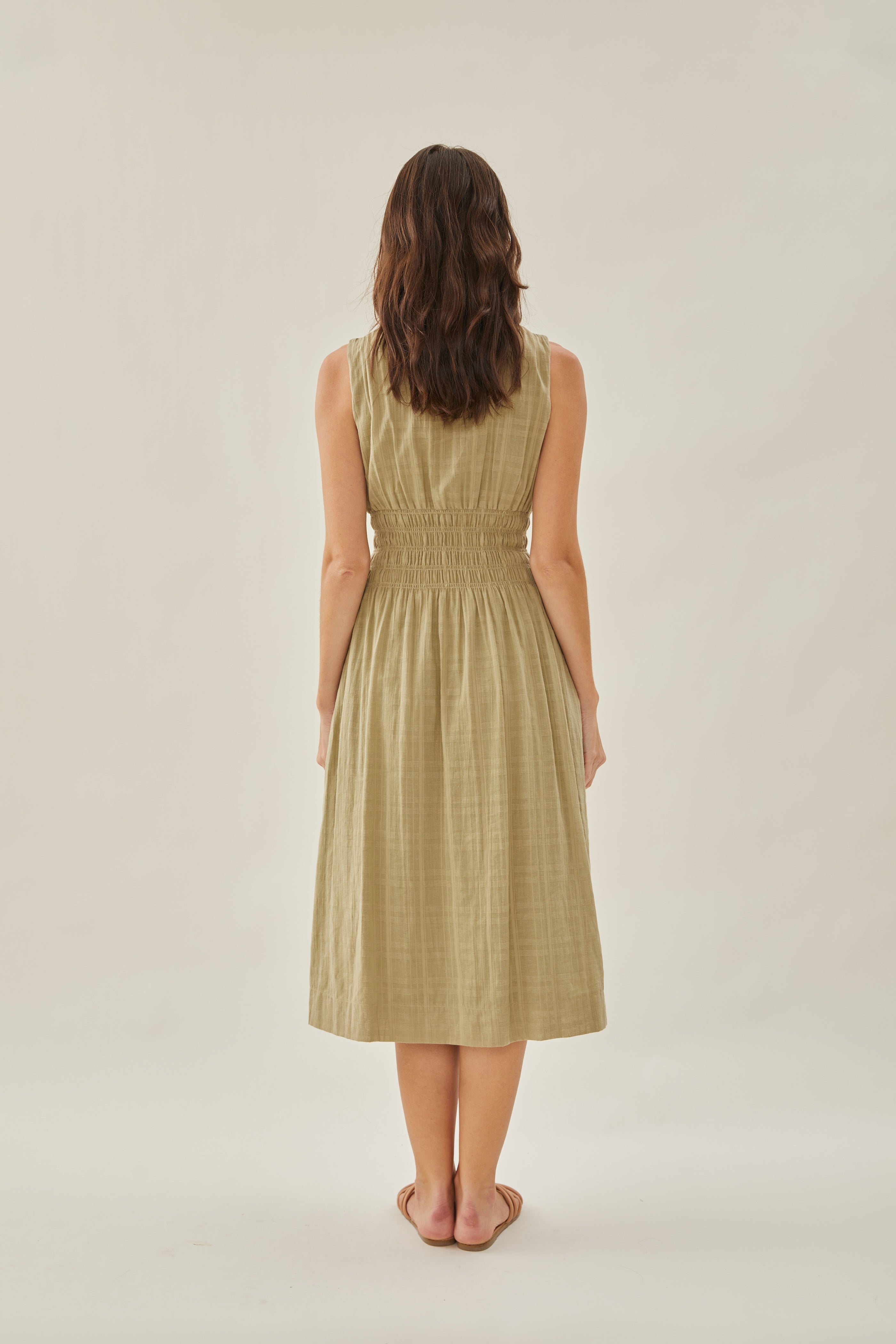 Buttoned-down Shirred Midi Dress in Muted Moss