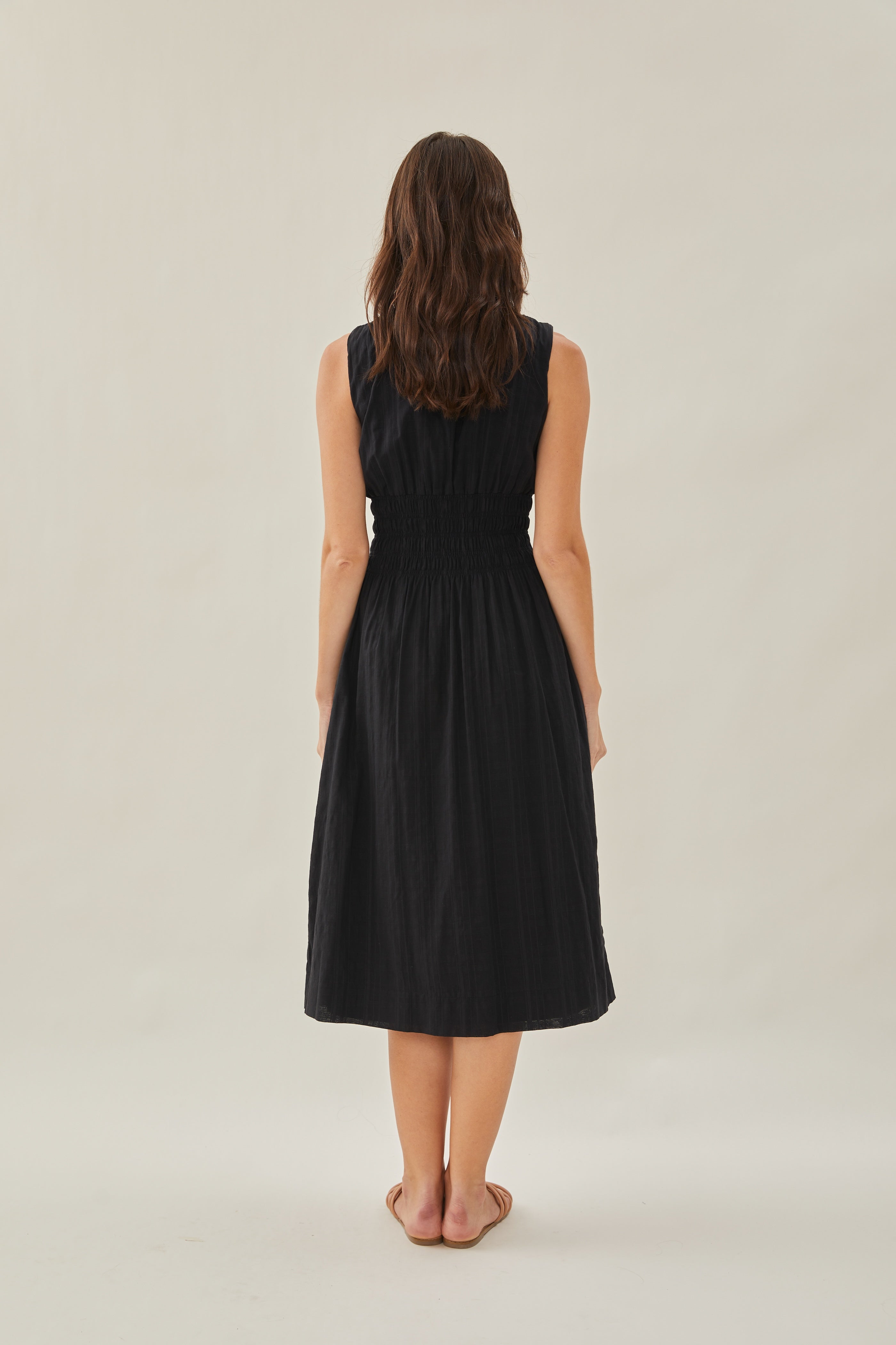 Buttoned-down Shirred Midi Dress in Black
