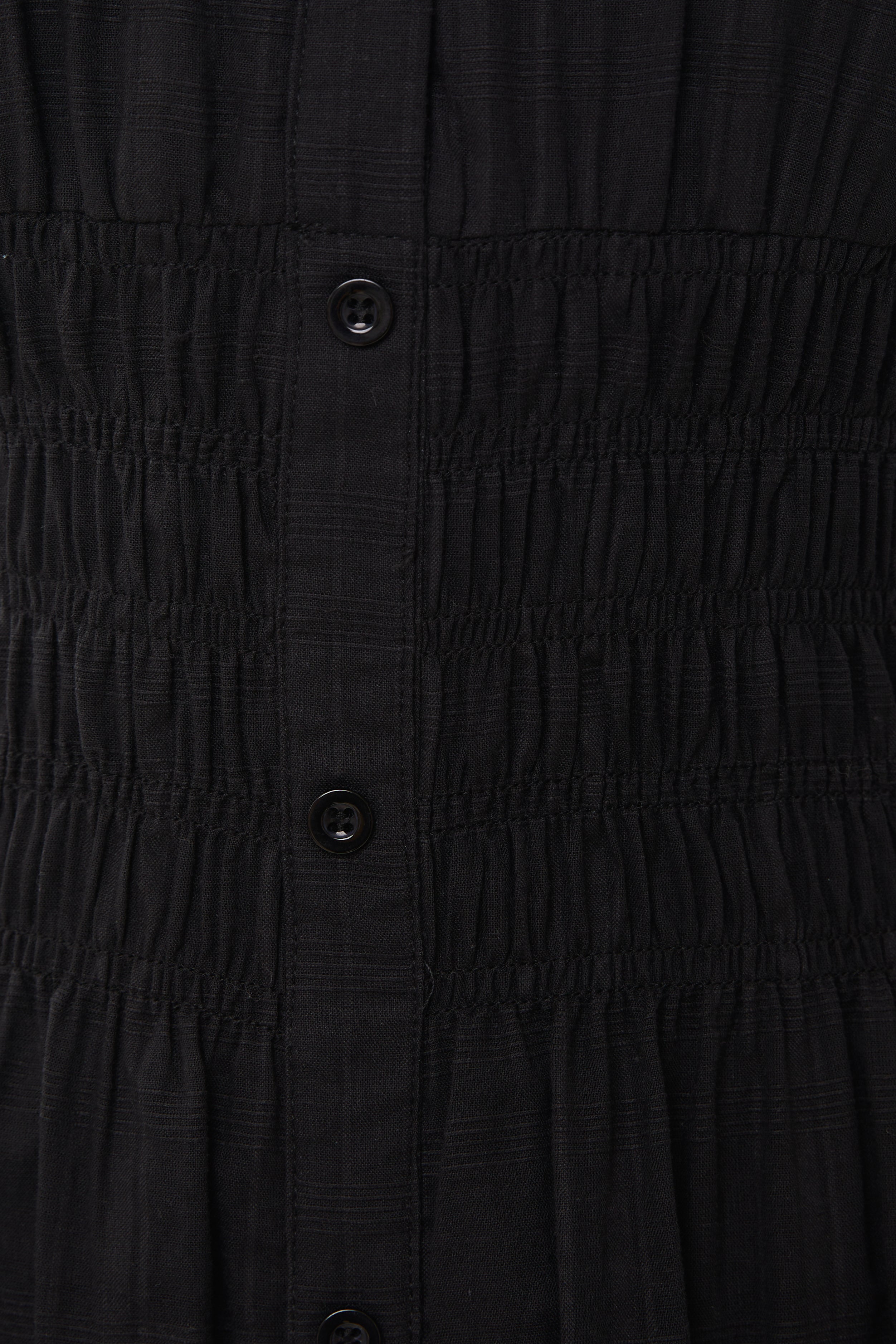 Buttoned-down Shirred Midi Dress in Black