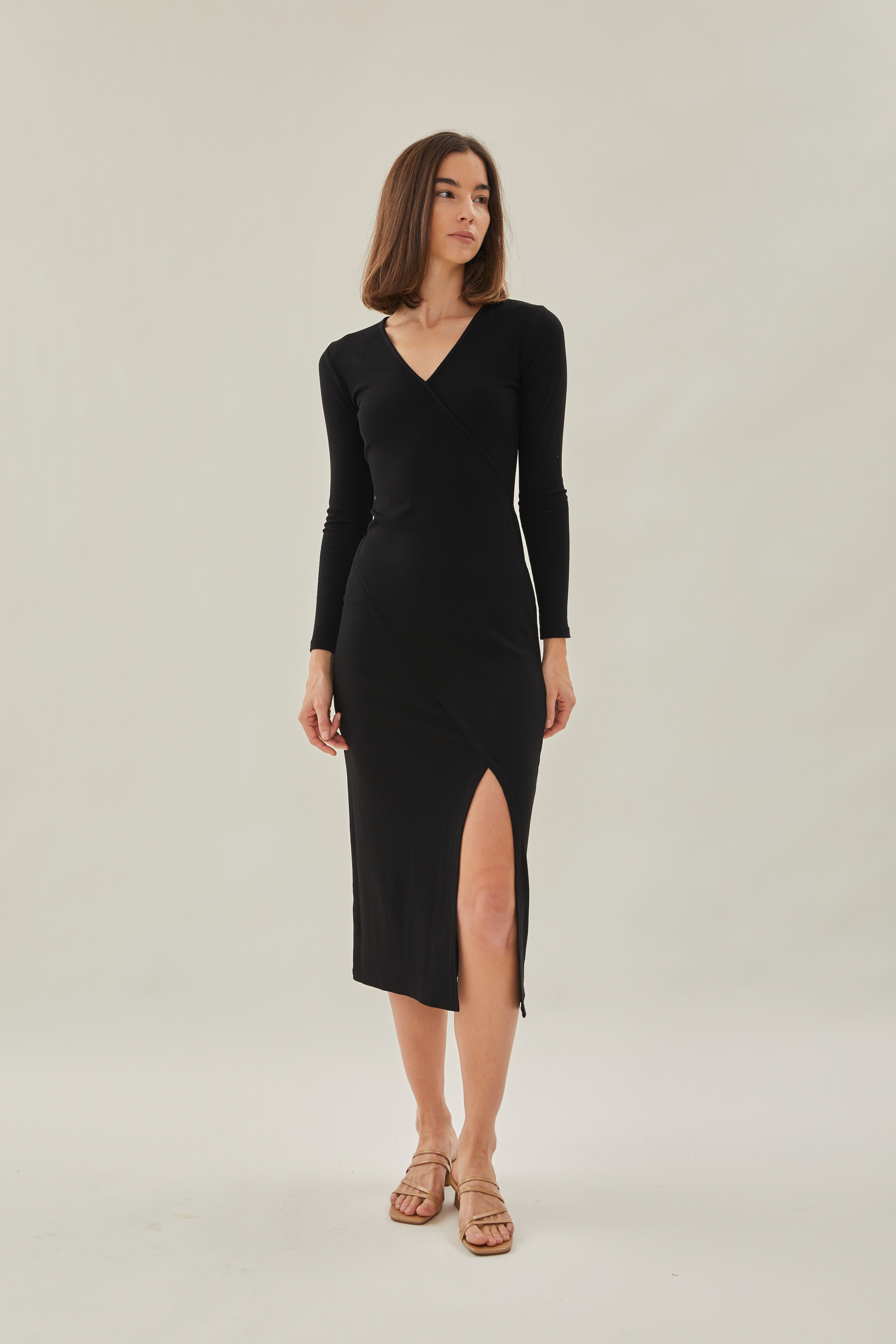 Knit Midi Dress with Slit in Black