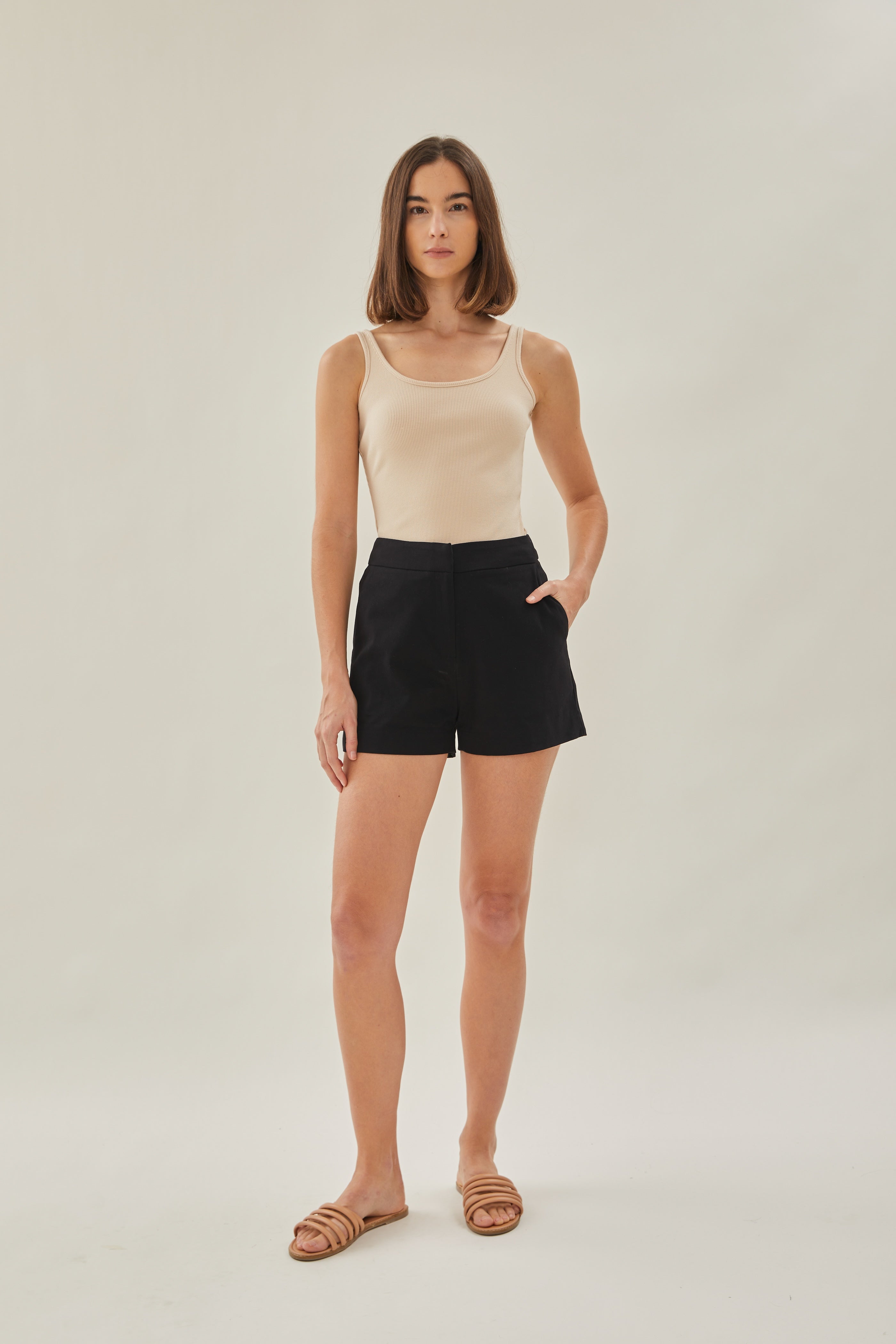 Scoop Ribbed Tank in Beige