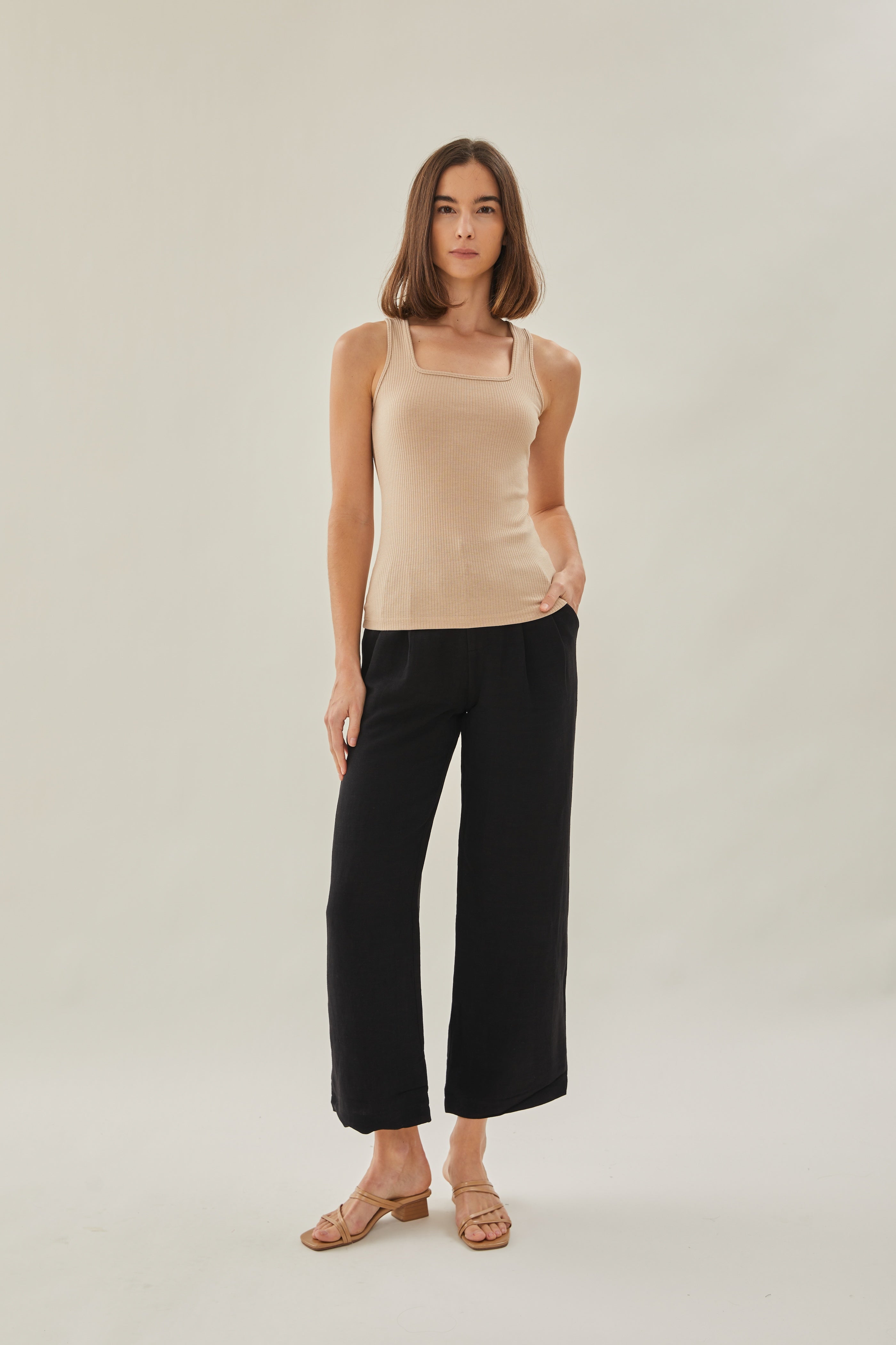 Square Neck Tank Top In Beige