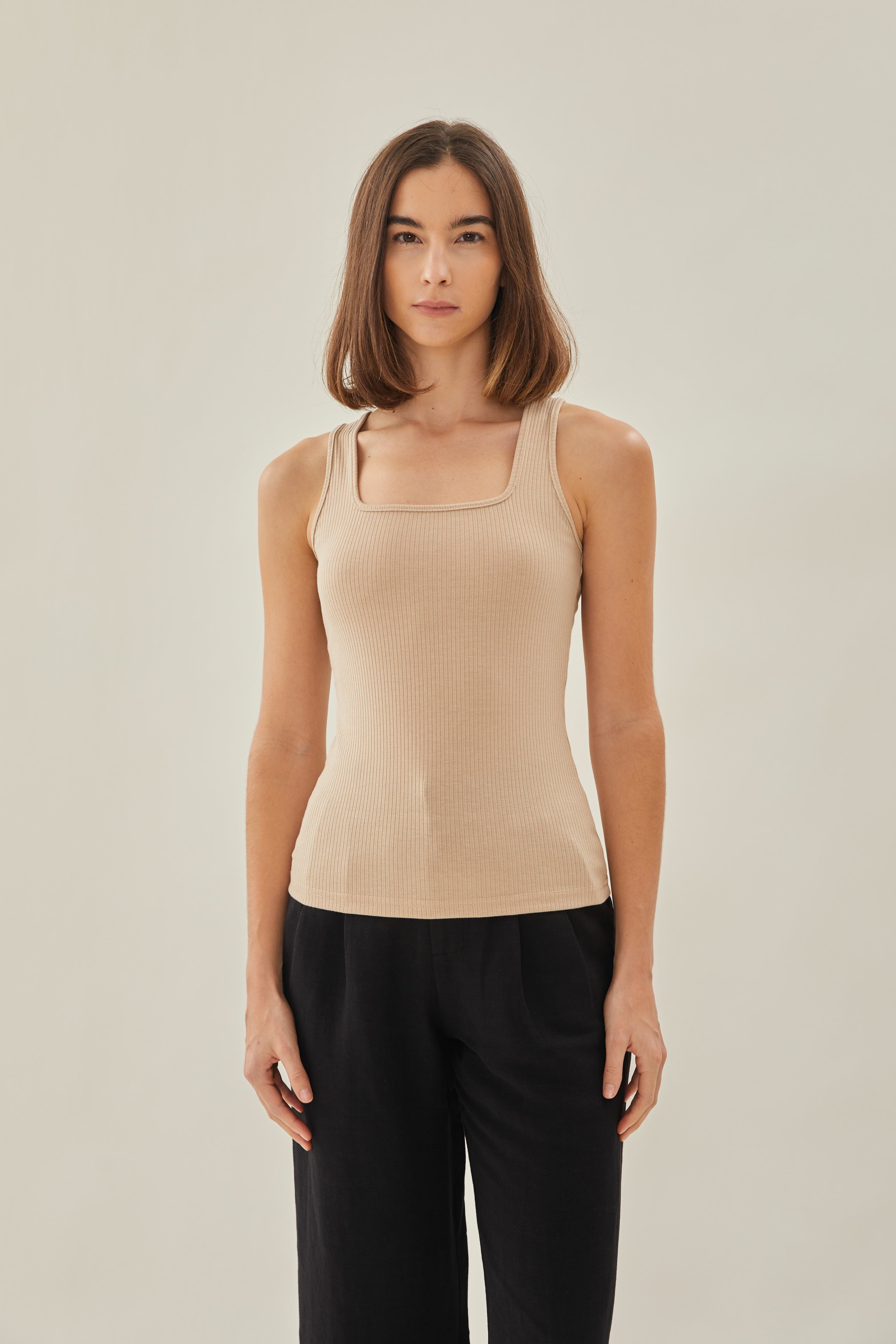 Square Neck Tank Top In Beige