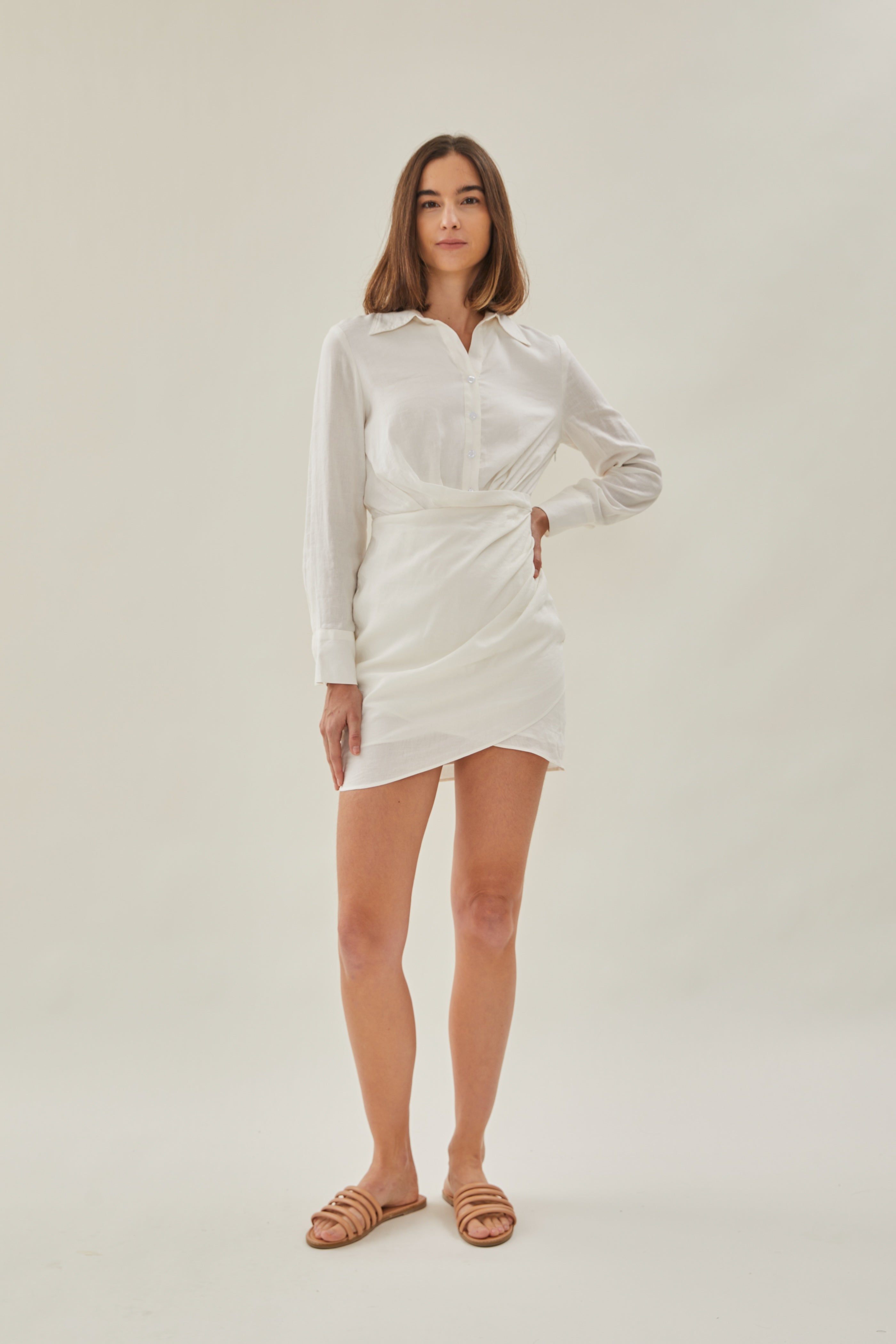 Linen Wrapped Shirt Dress in White