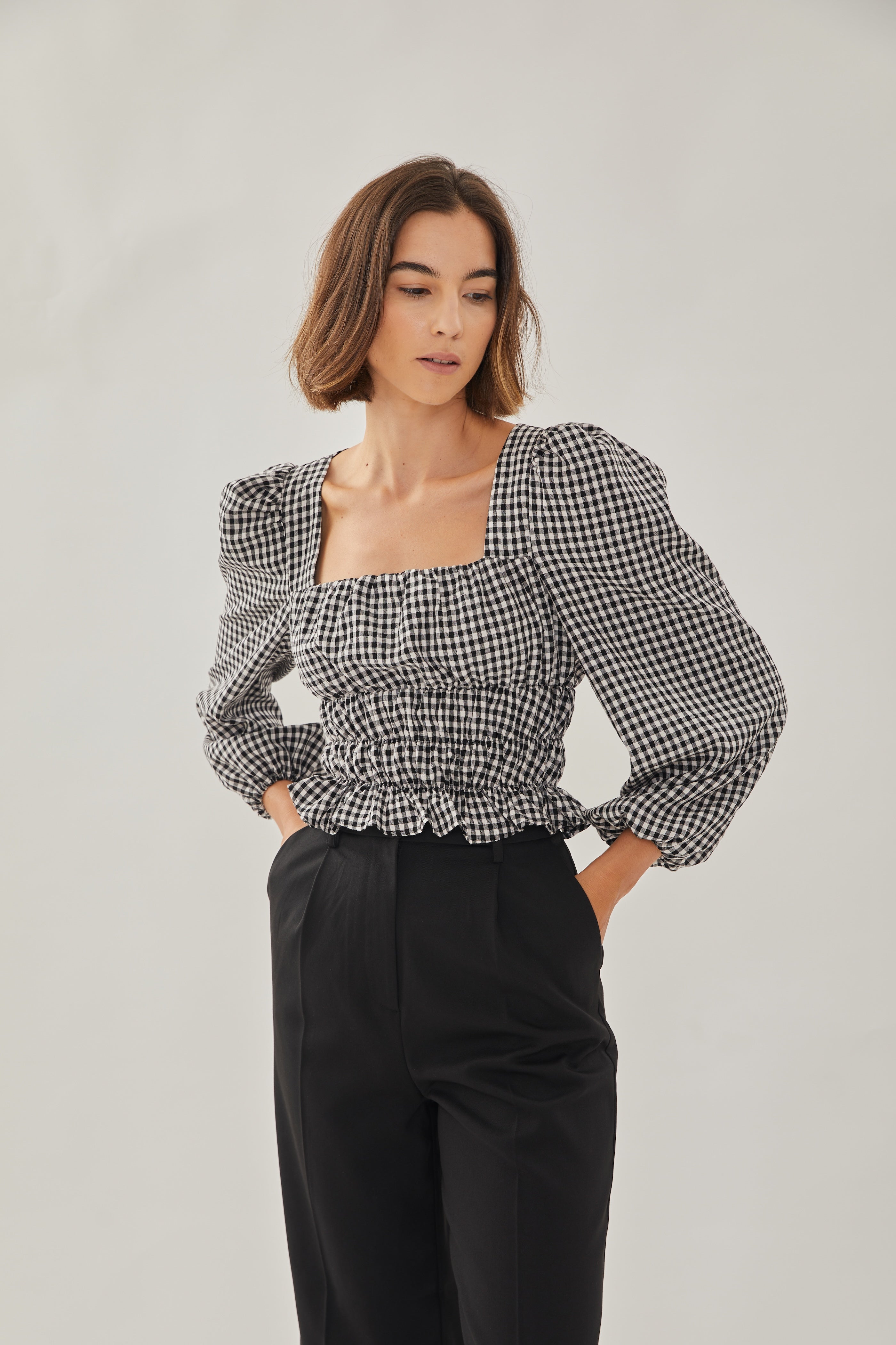 Sleeved Ruffle Top in Gingham Black
