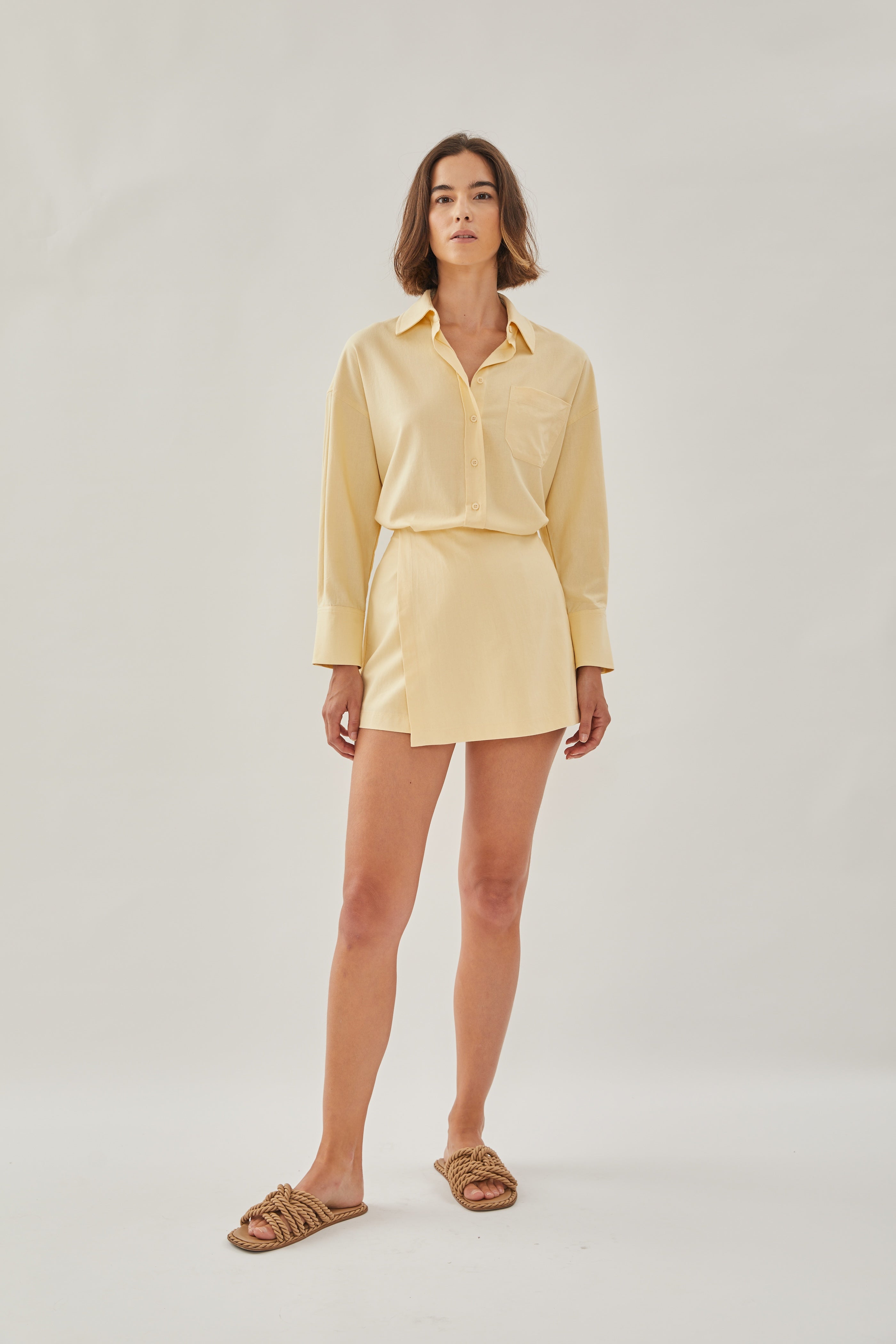 Linen Wrap Skort in Soft Yellow
