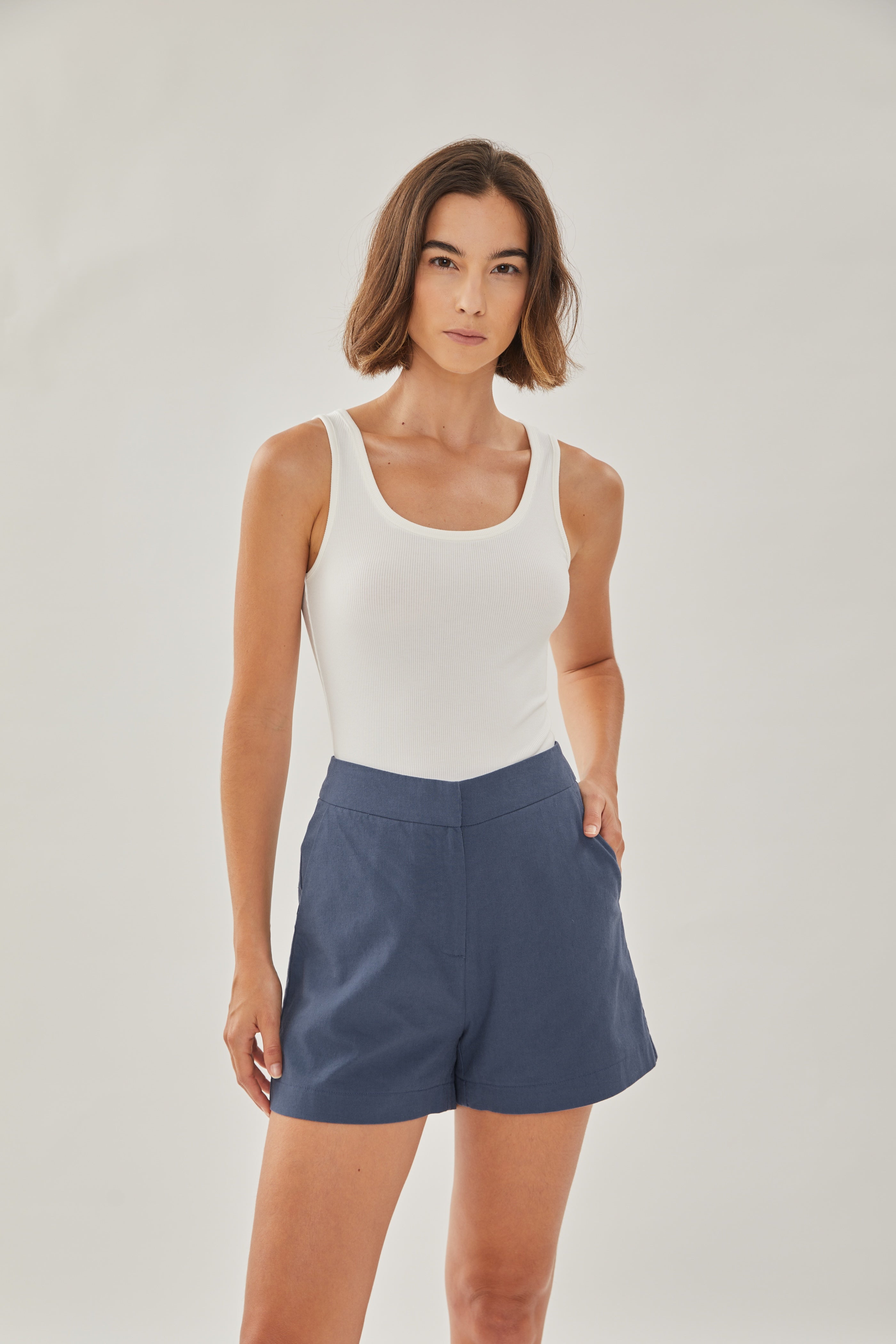 Linen Shorts in Stone Blue