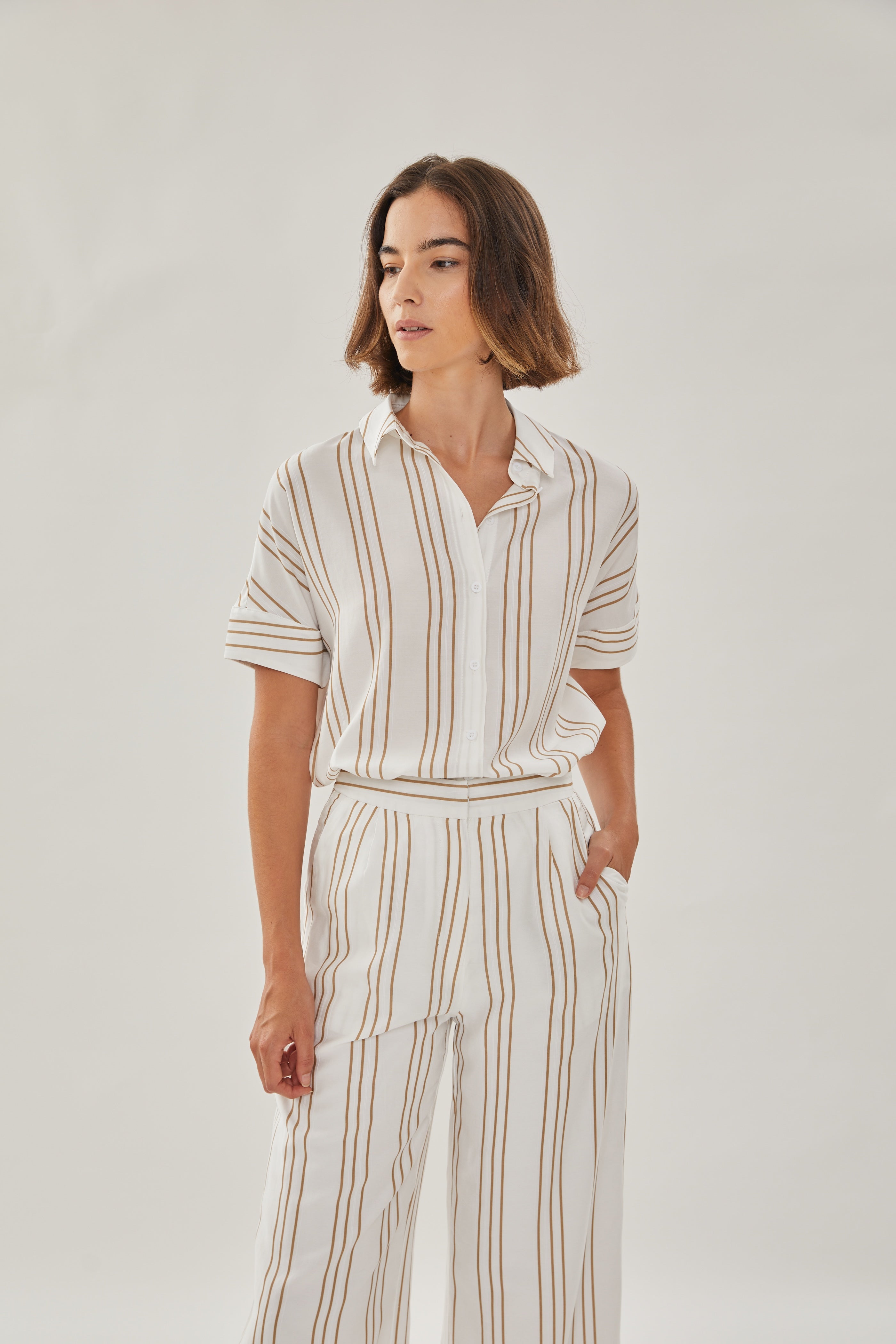 On the Hillside Shirt in Stripe Tan