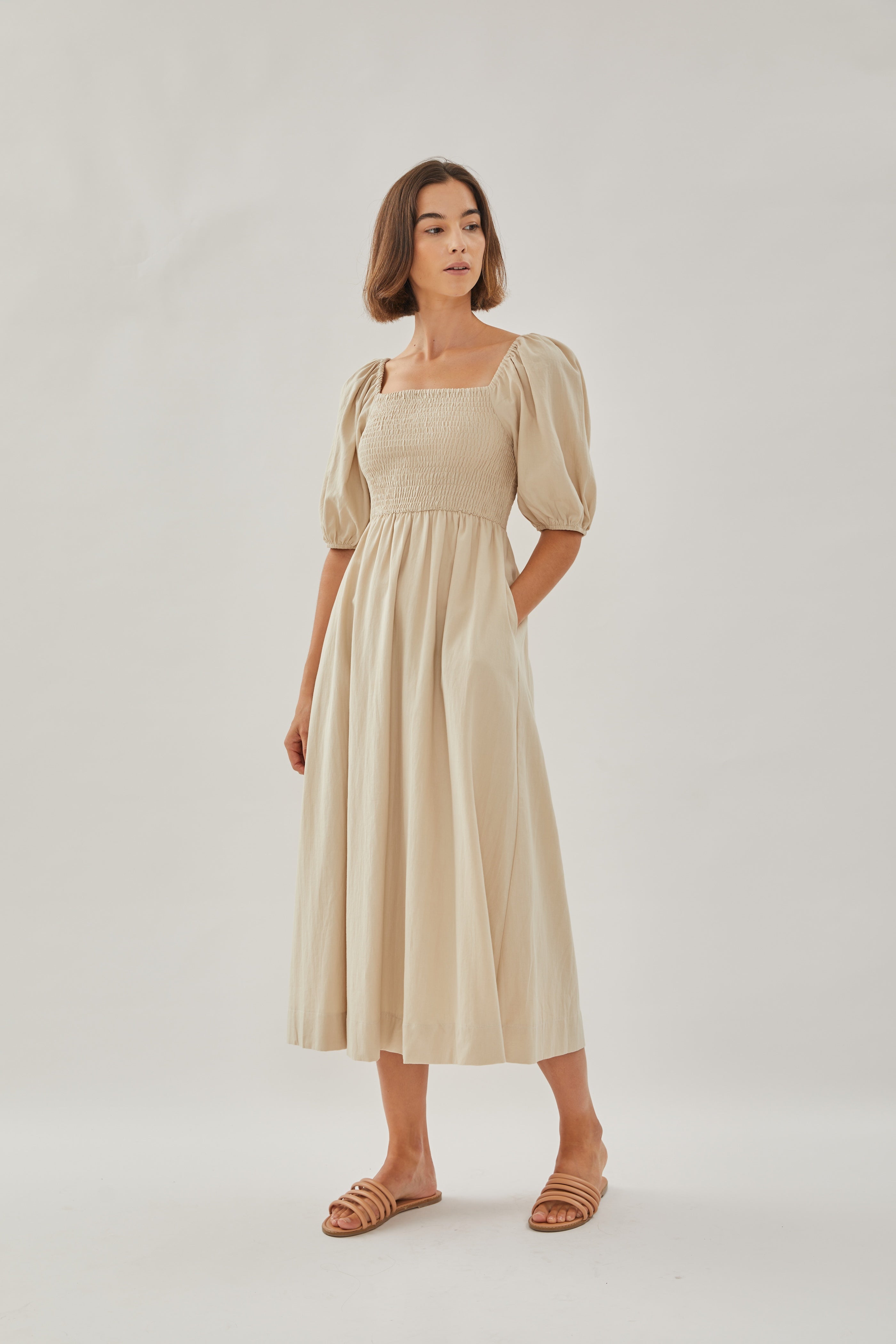 Puffed Sleeved Shirred Midi Dress in Sand