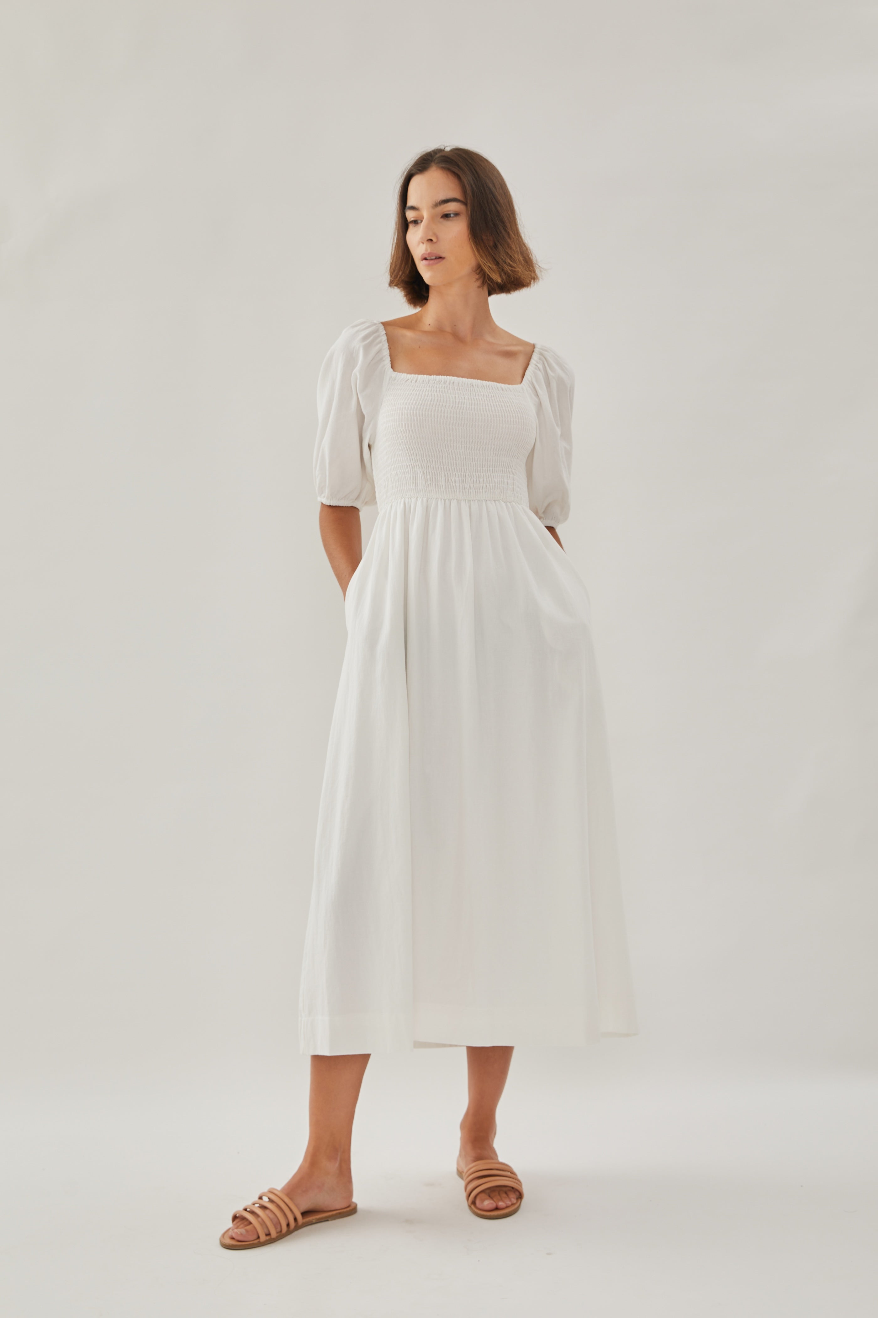 Puffed Sleeved Shirred Midi Dress in White