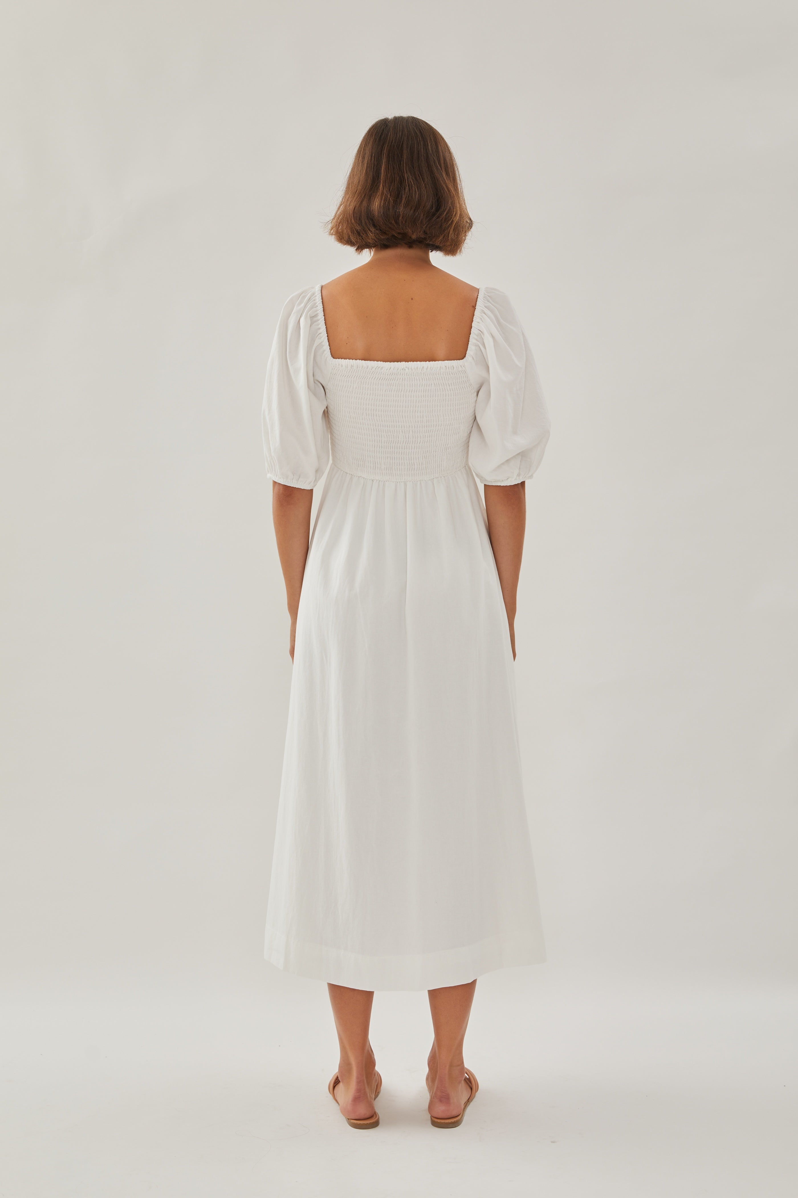Puffed Sleeved Shirred Midi Dress in White