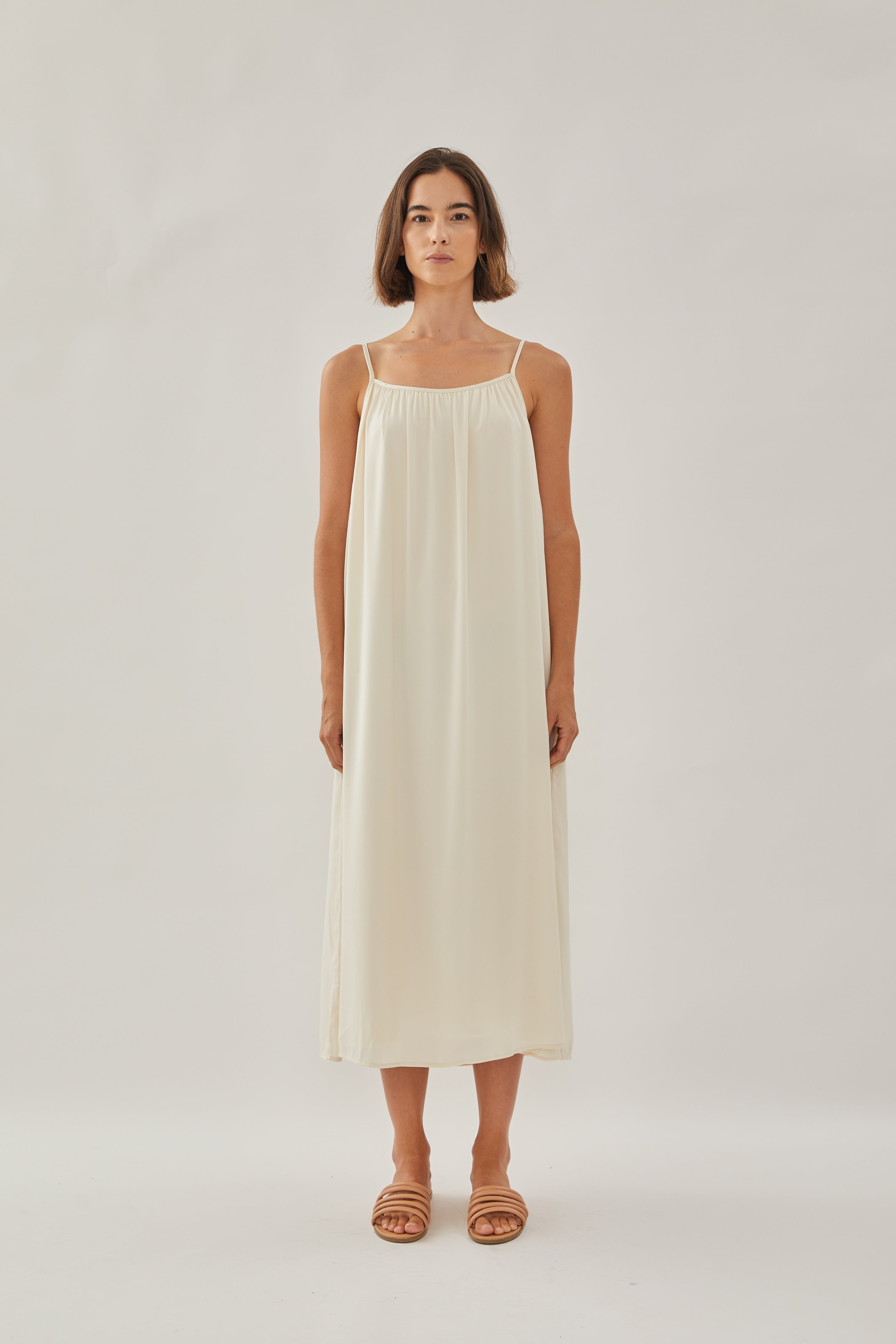 Gathered Midi Strap Dress in Ivory