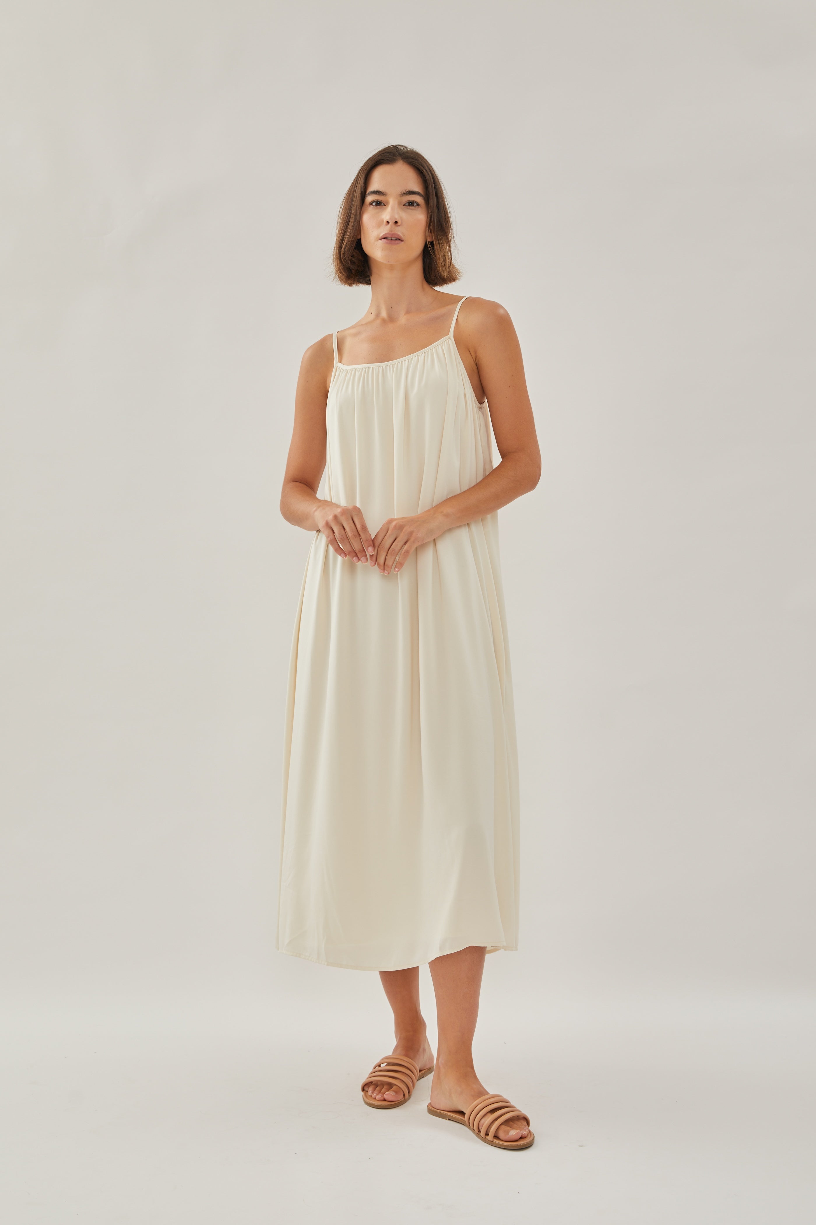 Gathered Midi Strap Dress in Ivory