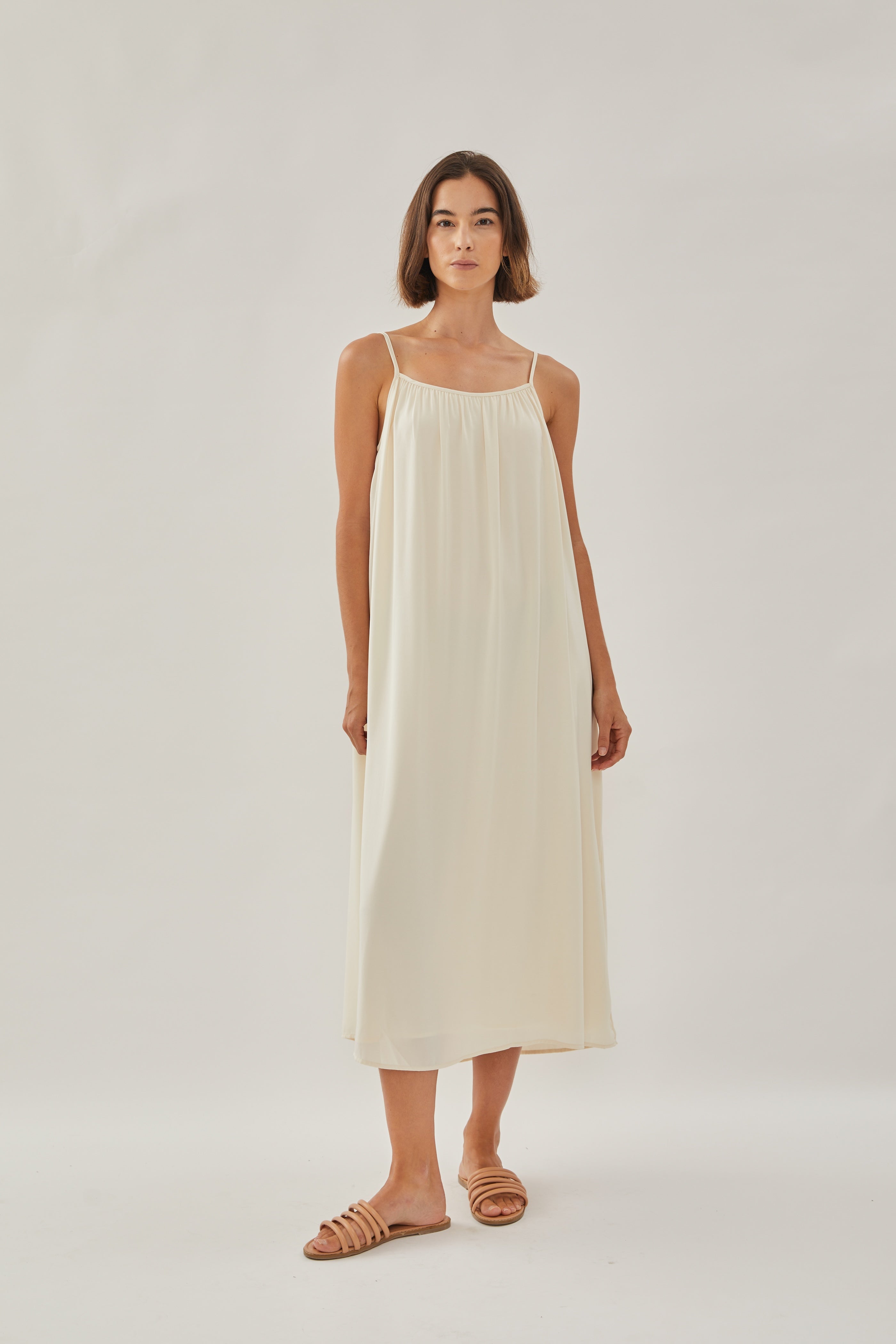 Gathered Midi Strap Dress in Ivory