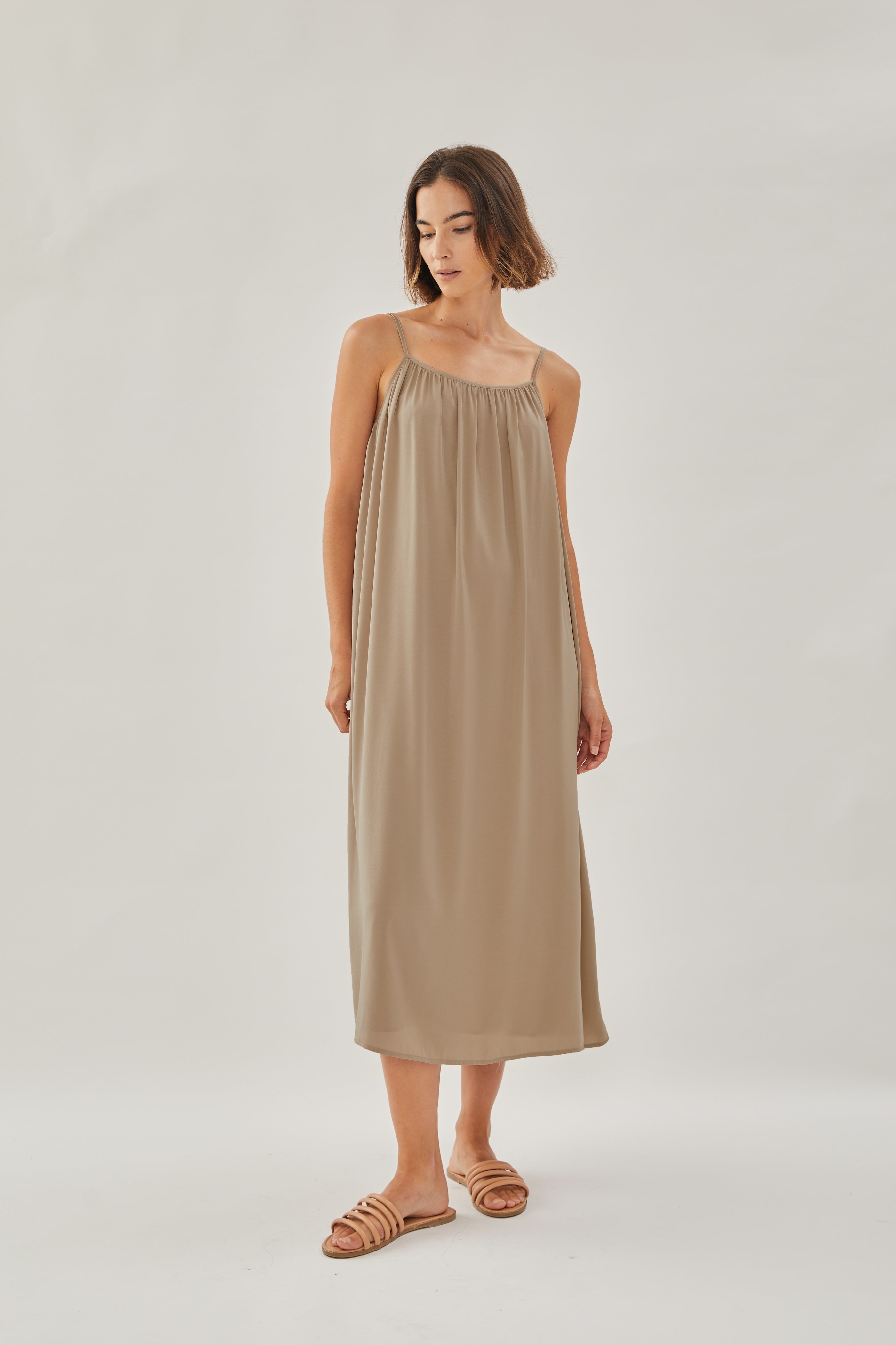 Gathered Midi Strap Dress in Tan