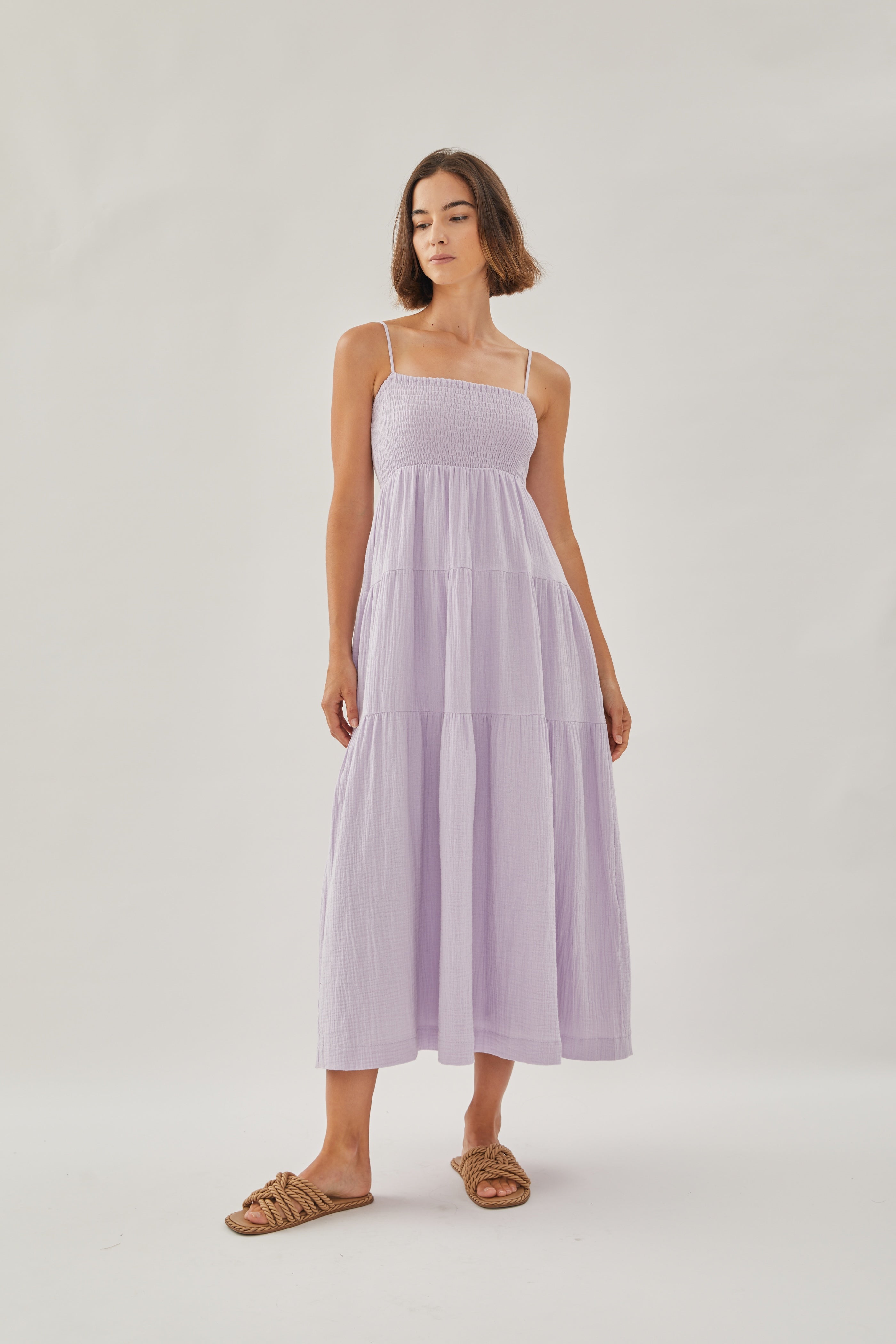 Shirred Maxi Dress in Soft Purple